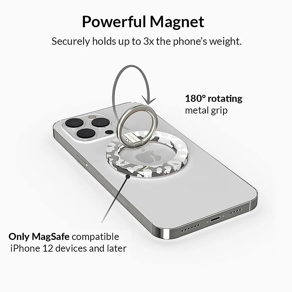 The image features a close-up view of an iPhone 12 with a powerful magnet attached to its back. The magnet securely holds up to three times the phone's weight, providing a stable and strong grip. The magnet is only compatible with MagSafe iPhone 12 devices and later, ensuring a safe and secure connection.