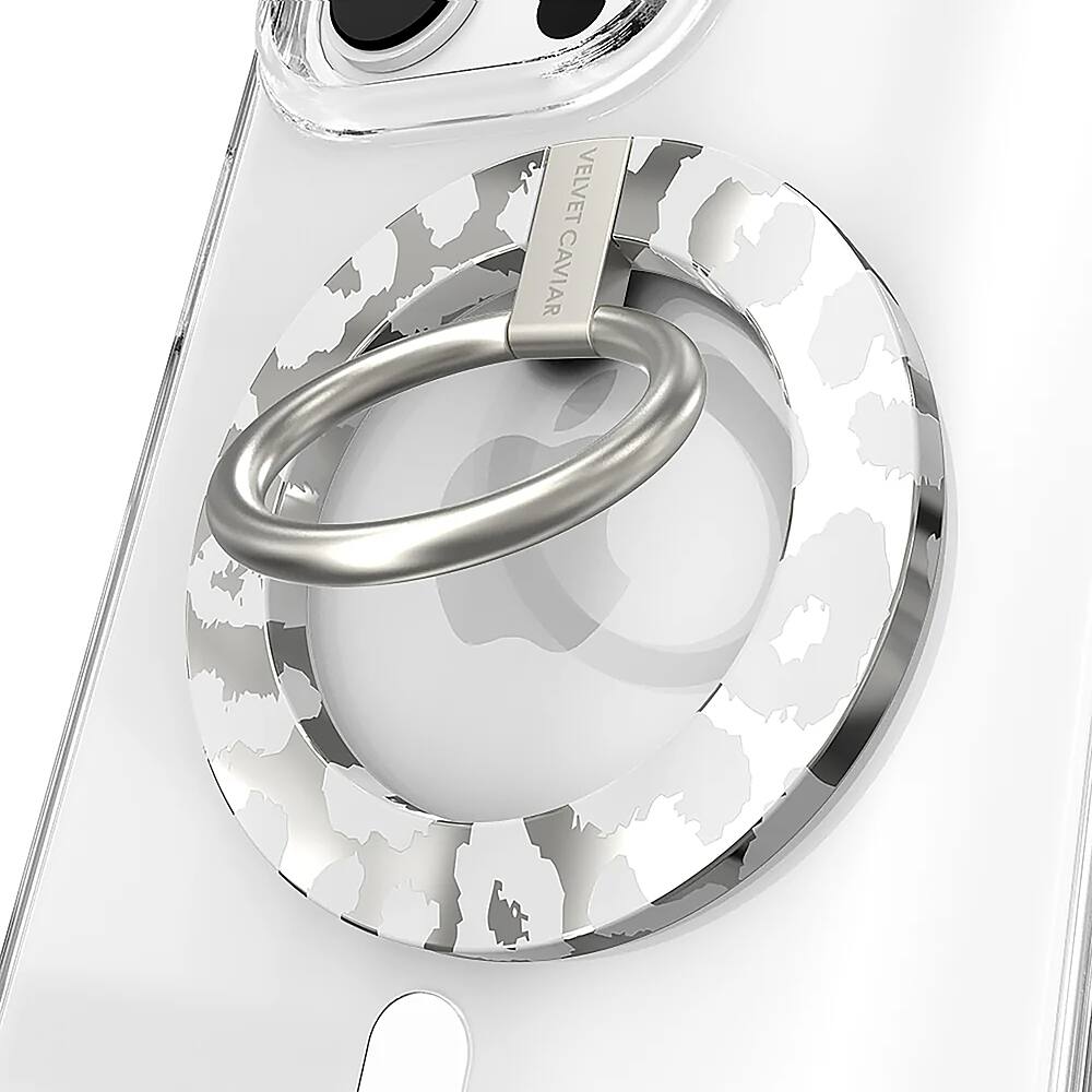 The image features a close-up view of a cell phone with a ring on it. The ring is made of metal and has the word "Caviar" written on it. The phone is white and has a silver ring around it. The ring is attached to the phone, and it appears to be a unique and stylish accessory.