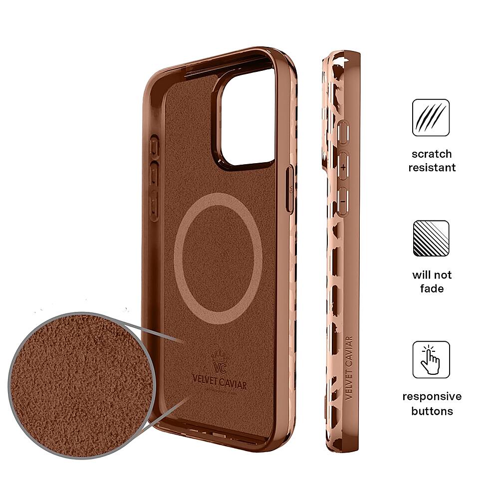 The text on the image reads: "6 CAVIAR VC VELVET CAVIAR VELVET scratch resistant will not fade responsive buttons". This text describes the features of the case, which include a velvet material that is scratch resistant and will not fade, as well as responsive buttons.