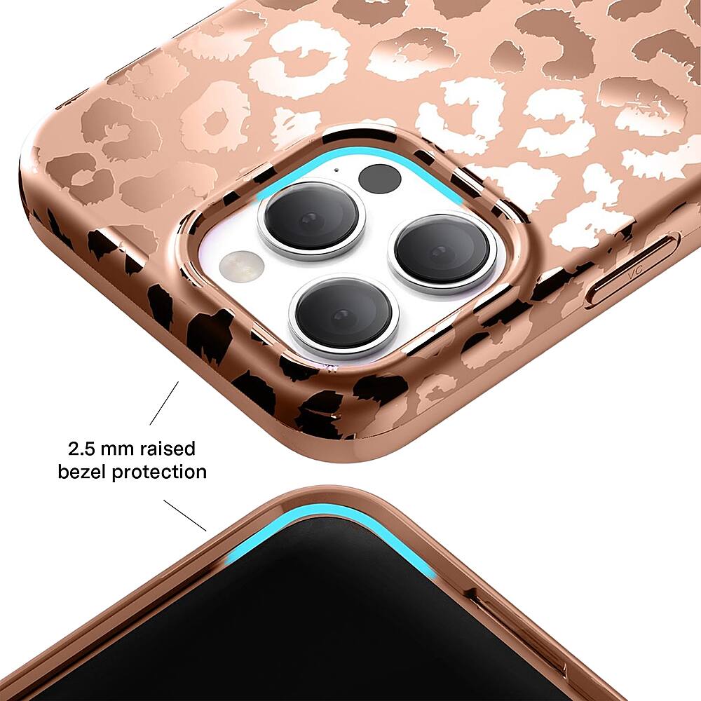 The image shows a cell phone case with a 2.5 mm raised bezel protection. The case is designed to protect the phone from scratches and minor impacts. The case is made of leopard print material and features a blue stripe. The case is open, revealing the phone inside.