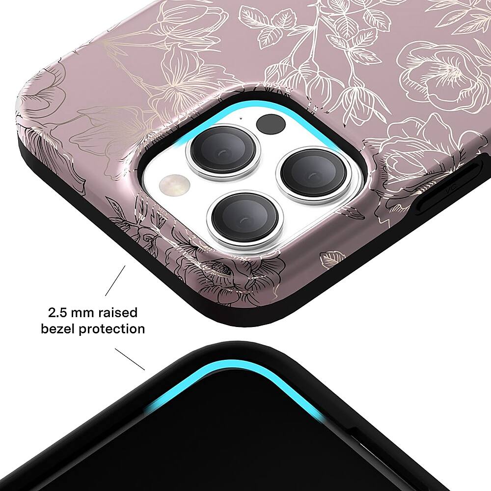 The image shows a close-up view of a cell phone case with a 2.5 mm raised bezel protection. The case is designed to protect the phone from scratches and minor impacts. The case is pink and features a floral design. The case is placed on top of a black background, which highlights the raised bezel protection.