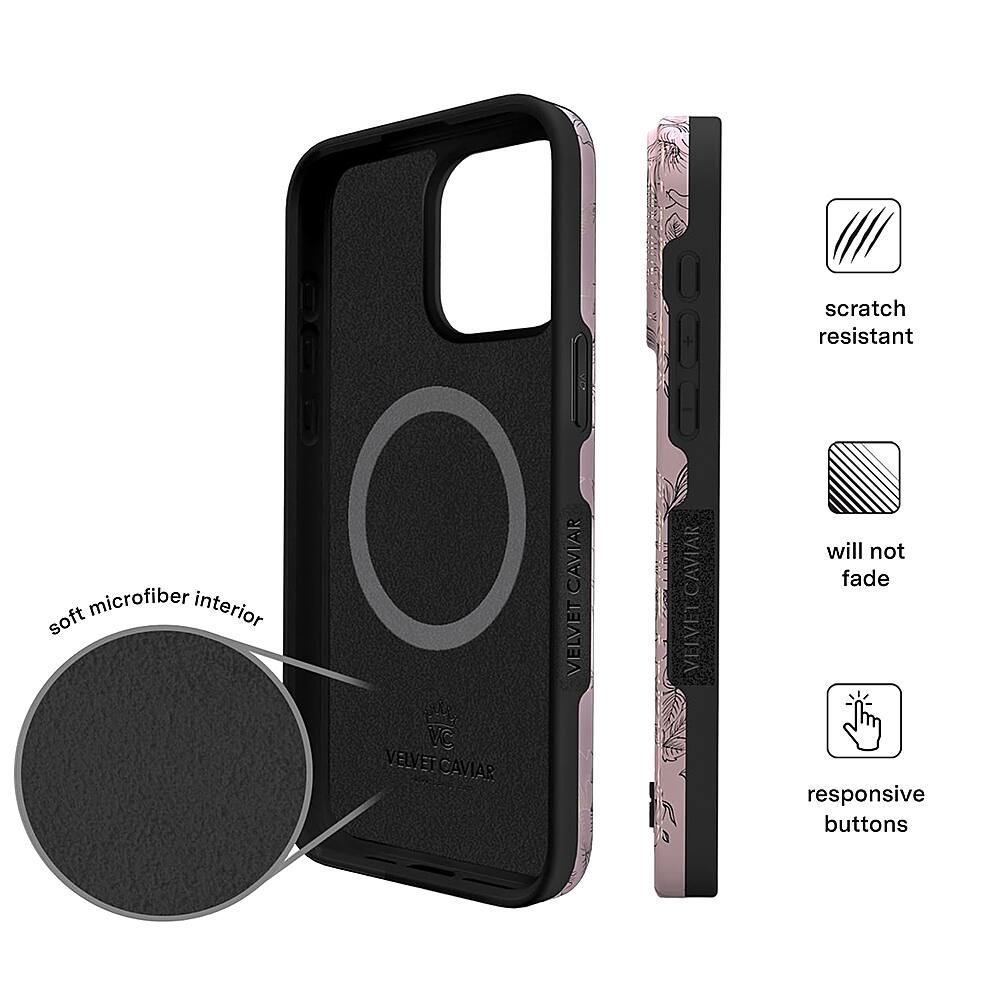 The image features a close-up view of a black and pink iPhone case with a microfiber interior. The case is described as being scratch resistant and having responsive buttons. The case is also advertised as being made of soft VC Velvet material, which will not fade over time.