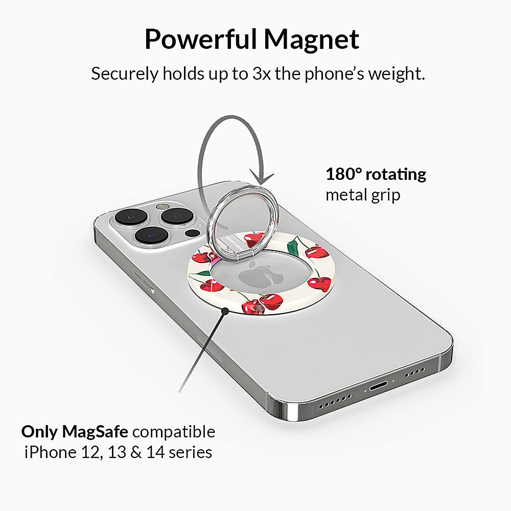 The image features a close-up view of a cell phone with a powerful magnet attached to it. The magnet securely holds up to three times the phone's weight, providing a strong grip for the device. The magnet is compatible with the iPhone 12, 13, and 14 series, making it a convenient and practical accessory for these devices.