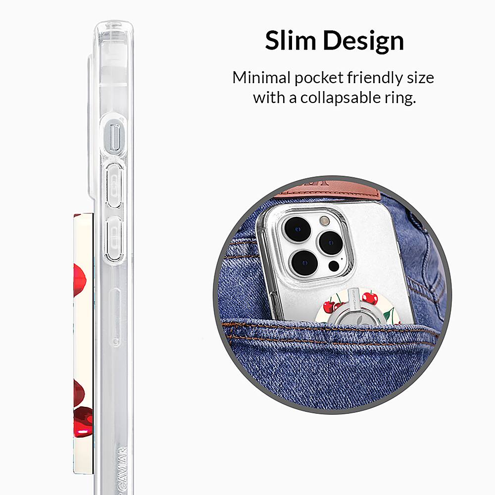 The image features a slim design cell phone case that fits perfectly in a pocket. The case is minimalistic and has a collapsable ring, making it a convenient and pocket-friendly option. The cell phone is placed inside the case, showcasing its compatibility with the case.