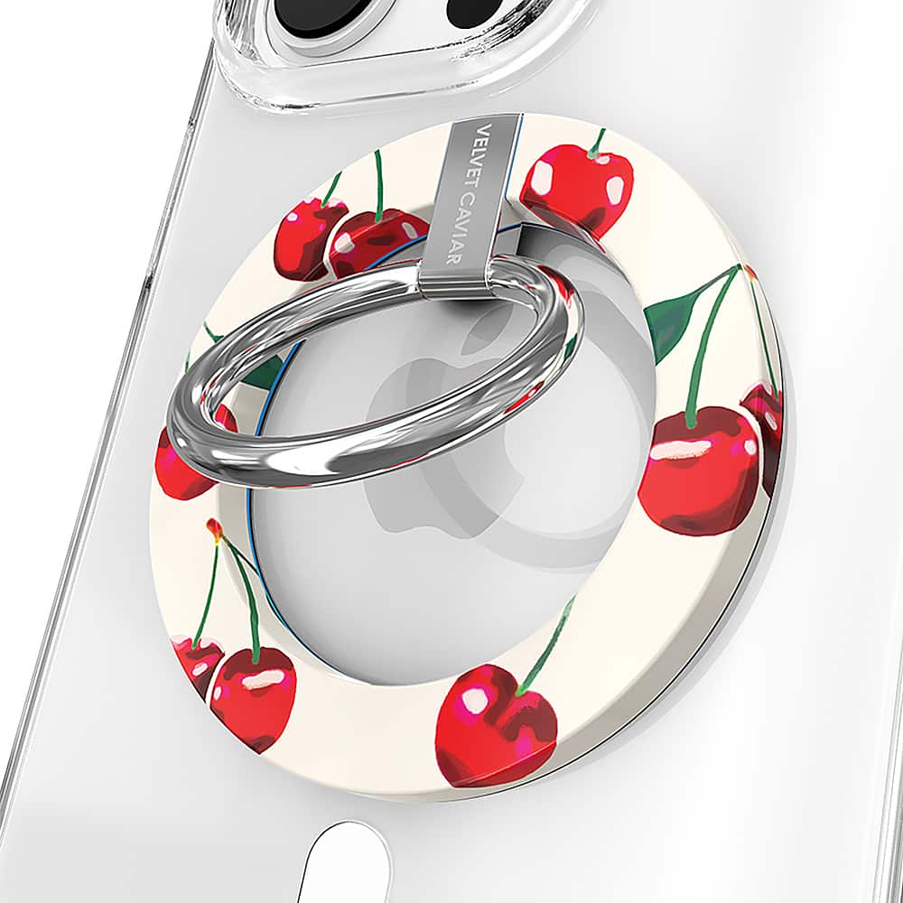 The image features a cell phone with a case that has cherries on it. The case is designed by Velvet Caviar.