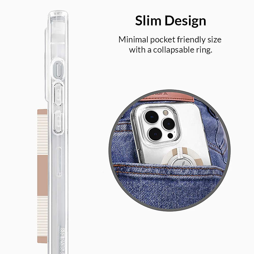 The image features a slim design cell phone case with a minimal pocket-friendly size. The case has a collapsable ring, making it convenient for carrying the phone in a pocket. The case is shown being held in a hand and placed in a pocket.