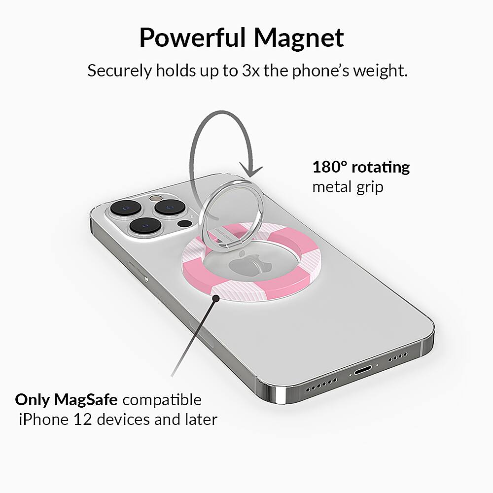 The image features a powerful magnet that securely holds up to 3x the phone's weight. The magnet is designed to work with MagSafe compatible iPhone 12 devices and later. The magnet is attached to a ring, which can be used to attach the phone to a metal surface. The ring is made of a rotating metal grip, providing a stable and secure connection. This innovative design allows users to easily and safely attach their phones to various surfaces without the need for additional accessories or cases.