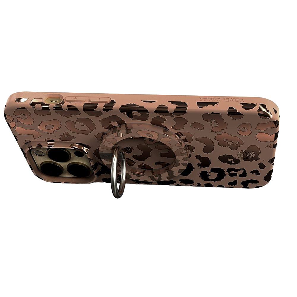 The image features a brown and white leopard print case for a cell phone. The case has a unique design, with a combination of brown and white colors, and a pattern resembling a leopard's fur. The case is designed to protect the phone and add a stylish touch to the device.