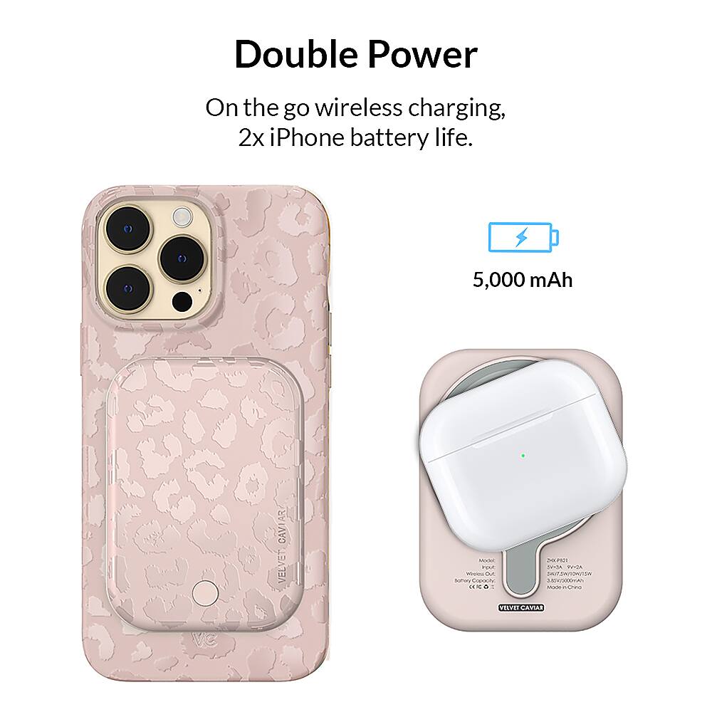 The image features a pink CAVIAR VELVET case for an iPhone, which is designed to provide double power by allowing wireless charging. The case is advertised to offer 2x iPhone battery life and has a capacity of 5,000 mAh. The case is made of a soft, leopard print material that adds a touch of style to the device. The case is compatible with the iPhone 7 and 7 Plus, and it is available in a pink color.