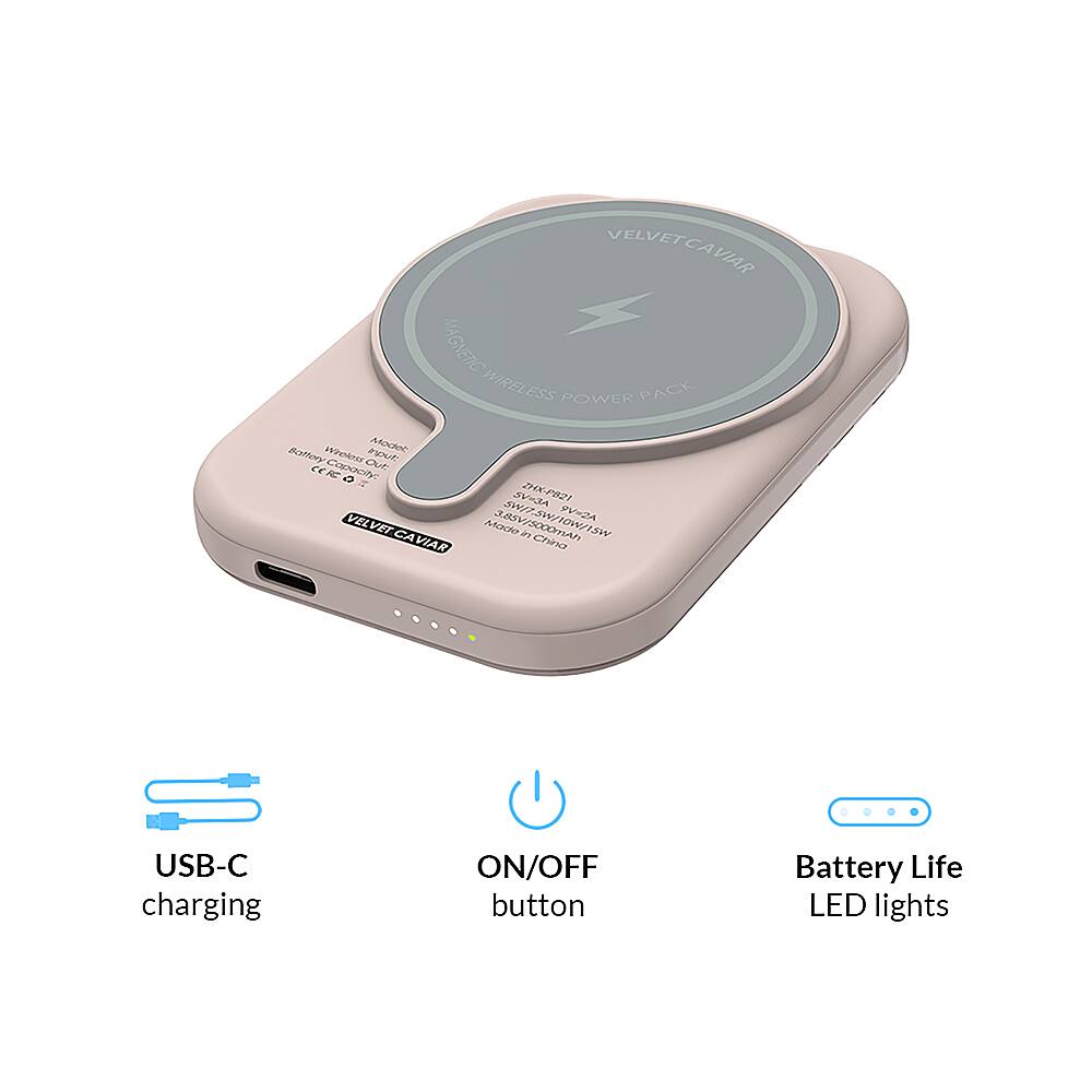The text on the image reads:

"VELVETCAVIAR MAGNETIC WIRELESS POWER PACK
Baton Wireless MOC nU Caoacre N <KO VEL VET CA VIAR JV- 294%-P821 VZ Mado 385V/S000mAn 21 Chi 1aW USB-C charging ON/OFF button Battery Life LED lights"