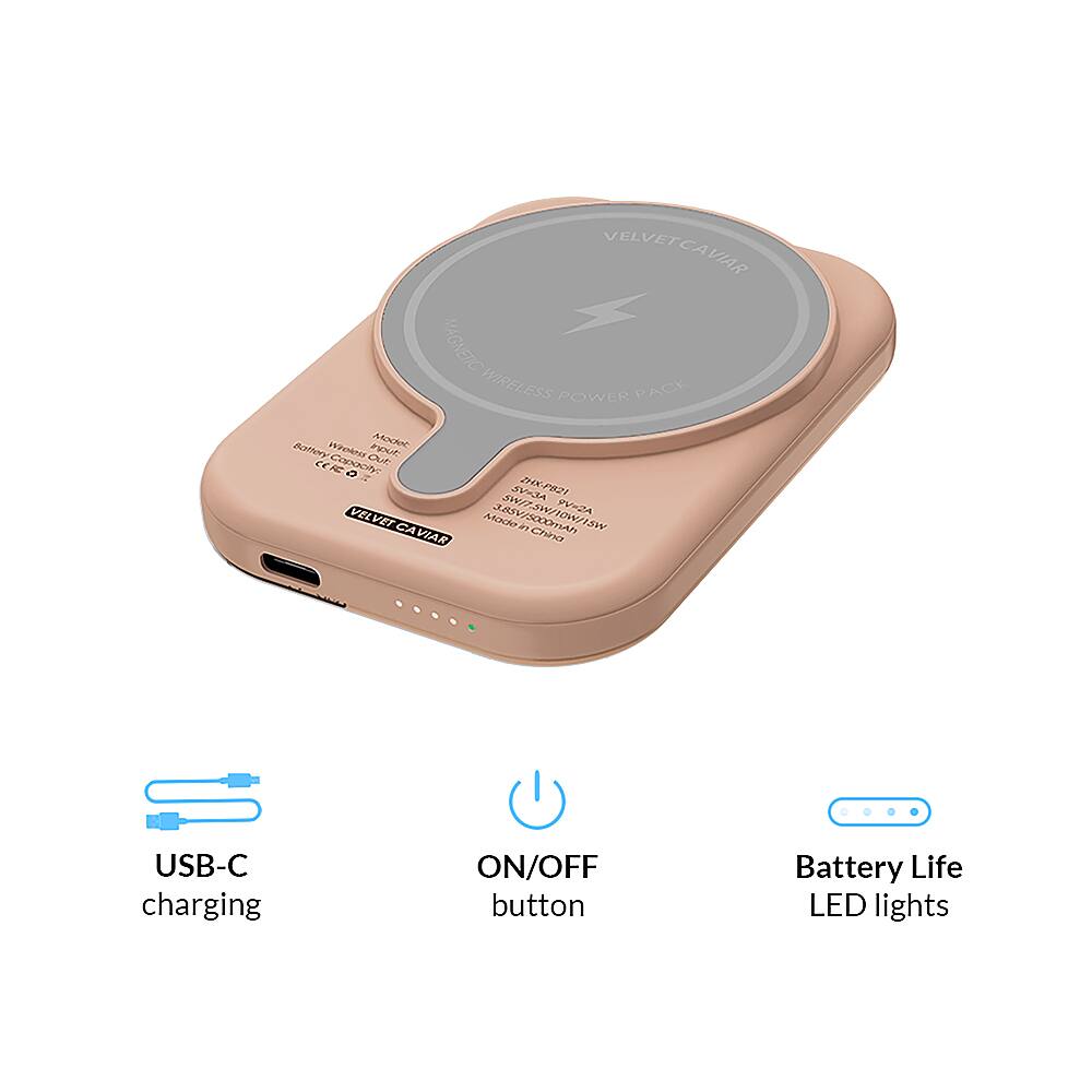 The image features a product called VelvetCaviar, which is a magnetic wireless power bank. It has a USB-C charging port and an ON/OFF button, along with a battery life indicator and LED lights. The product is designed to provide power to electronic devices, making it a convenient and portable solution for charging on the go.