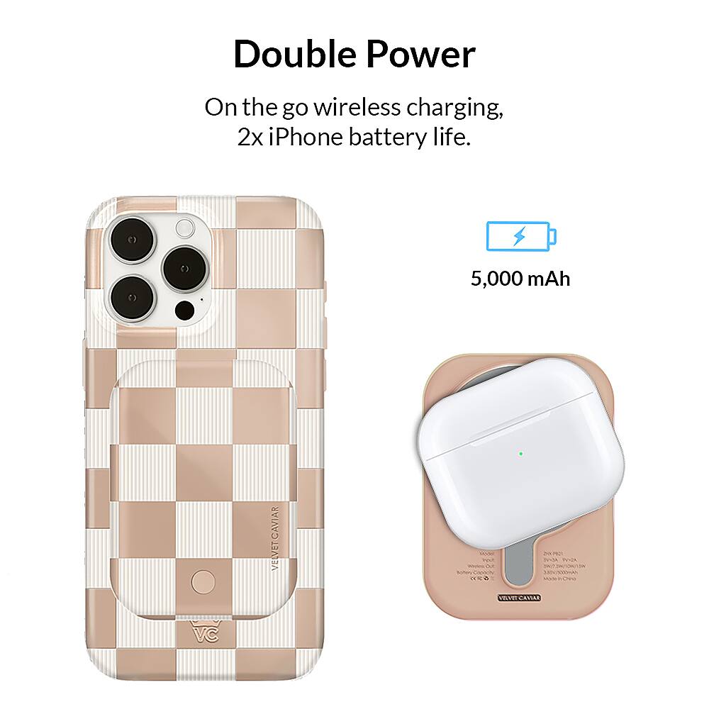 Double Power: On the go wireless charging, 2x iPhone battery life. 5,000 mAh CAVIAR VELVET MVE n - o soo Coi v A - a  P  nds E LUSEEIAA s BUEW AVE CAVAR VC.