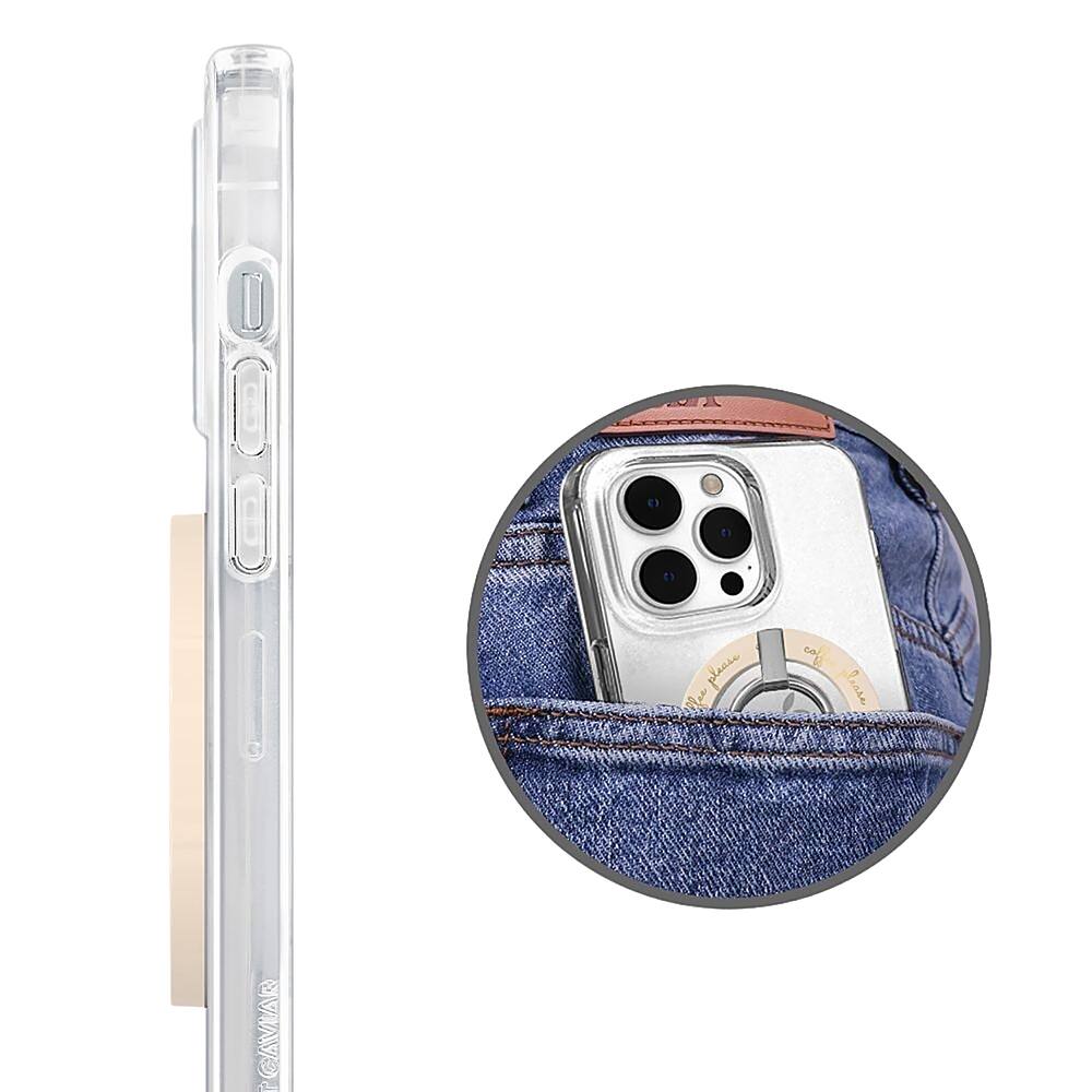 The image shows a cell phone placed inside a jeans pocket. The cell phone is positioned horizontally, with its screen facing upwards. The pocket is filled with the cell phone, which is partially visible, indicating that it is securely stored in the pocket.