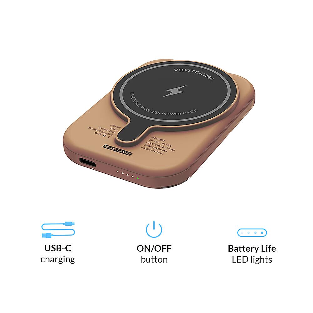 The text on the image is grouped and corrected as follows:
"VelvetCase Magnetic Wireless Power Pack - USB-C charging - ON/OFF button - Battery Life - LED lights - Made in China - V2A VER CA #7 ANV/AXA 21 TOWW/IS SW VIAE - JV-2HK-P82."