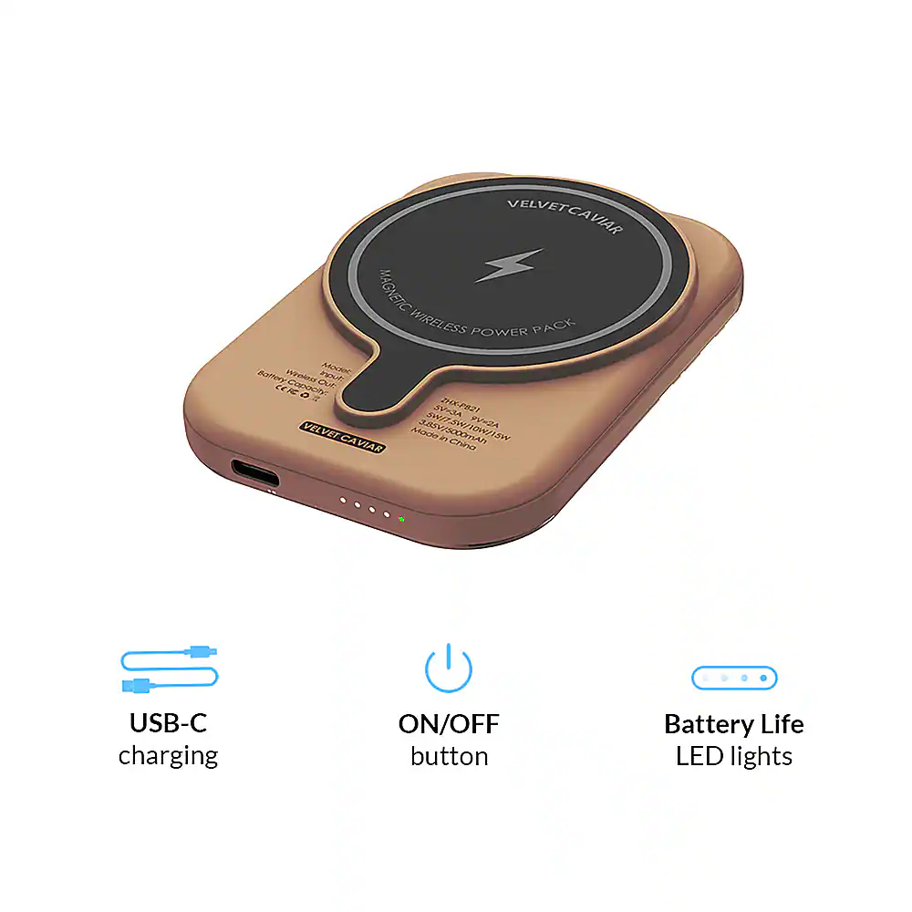 The text on the image is grouped and corrected as follows:

"VelvetCase Magnetic Wireless Power Pack - USB-C charging - ON/OFF button - Battery Life - LED lights - Made in China - V2A VER CA #7 ANV/AXA 21 TOWW/IS SW VIAE - JV-2HK-P82."