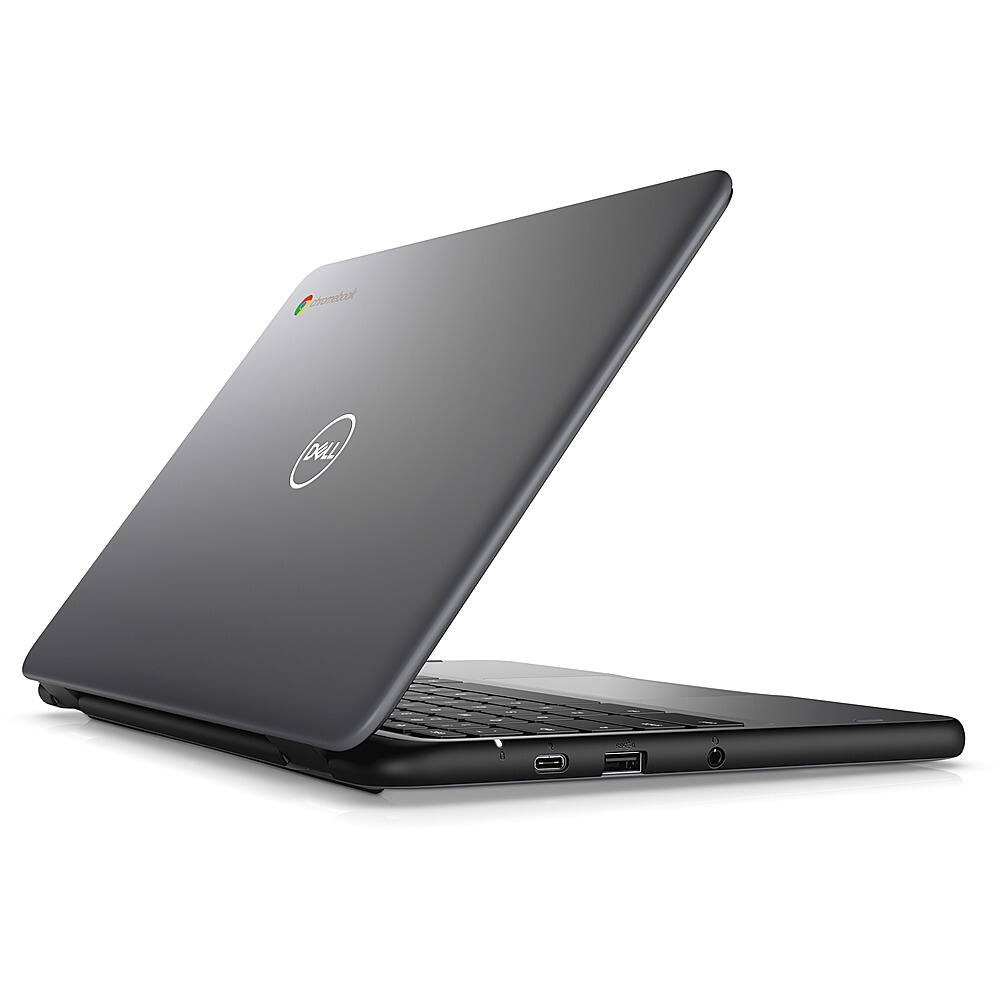 The image features a black laptop computer, specifically a Dell laptop, with its screen open. The laptop is sitting on a white surface, and the screen is displaying Google Chrome. The laptop is the main focus of the image, and it is categorized as a Laptop_Computers.