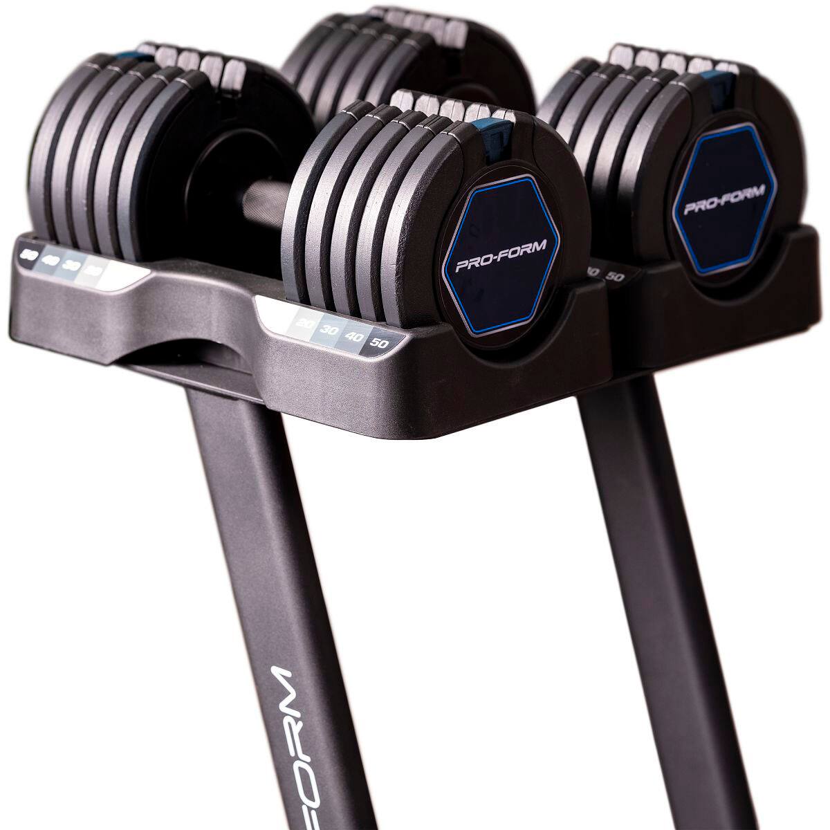 The image features a set of three weightlifting machines, specifically Pro-Form weightlifting machines. The machines are arranged in a row, with one on the left, one in the middle, and one on the right. Each machine has a weight stack, and they are designed for various exercises, such as bicep curls, tricep extensions, and leg presses. The machines are black and silver in color, and they are placed on a white background, which highlights their sleek design and functionality.