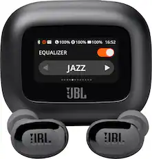 The image features a black JBL speaker with an equalizer setting for jazz. The speaker has a display screen showing the equalizer settings, and it is accompanied by two black earphones. The speaker is placed on a white background, and the time displayed on the screen is 16:52.
