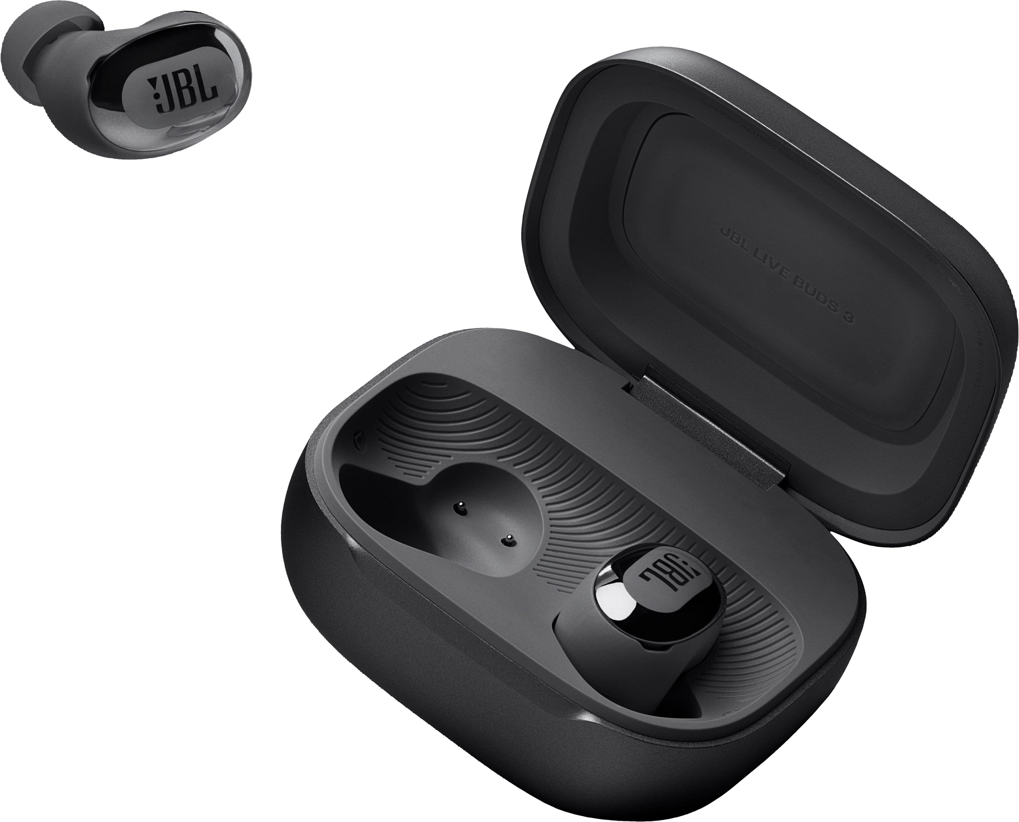 The image features a pair of JBL Live Buds 3 earbuds in a black case. The earbuds are placed inside the case, which is open to showcase the earbuds. The case is designed to protect and store the earbuds when not in use.