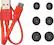 The image features a red USB cable with a USB plug on one end and a red connector on the other end. There are also six black buttons in the image, which are likely part of a device or accessory. The USB cable and buttons are placed next to each other, possibly for a user to connect the device to a computer or other device.