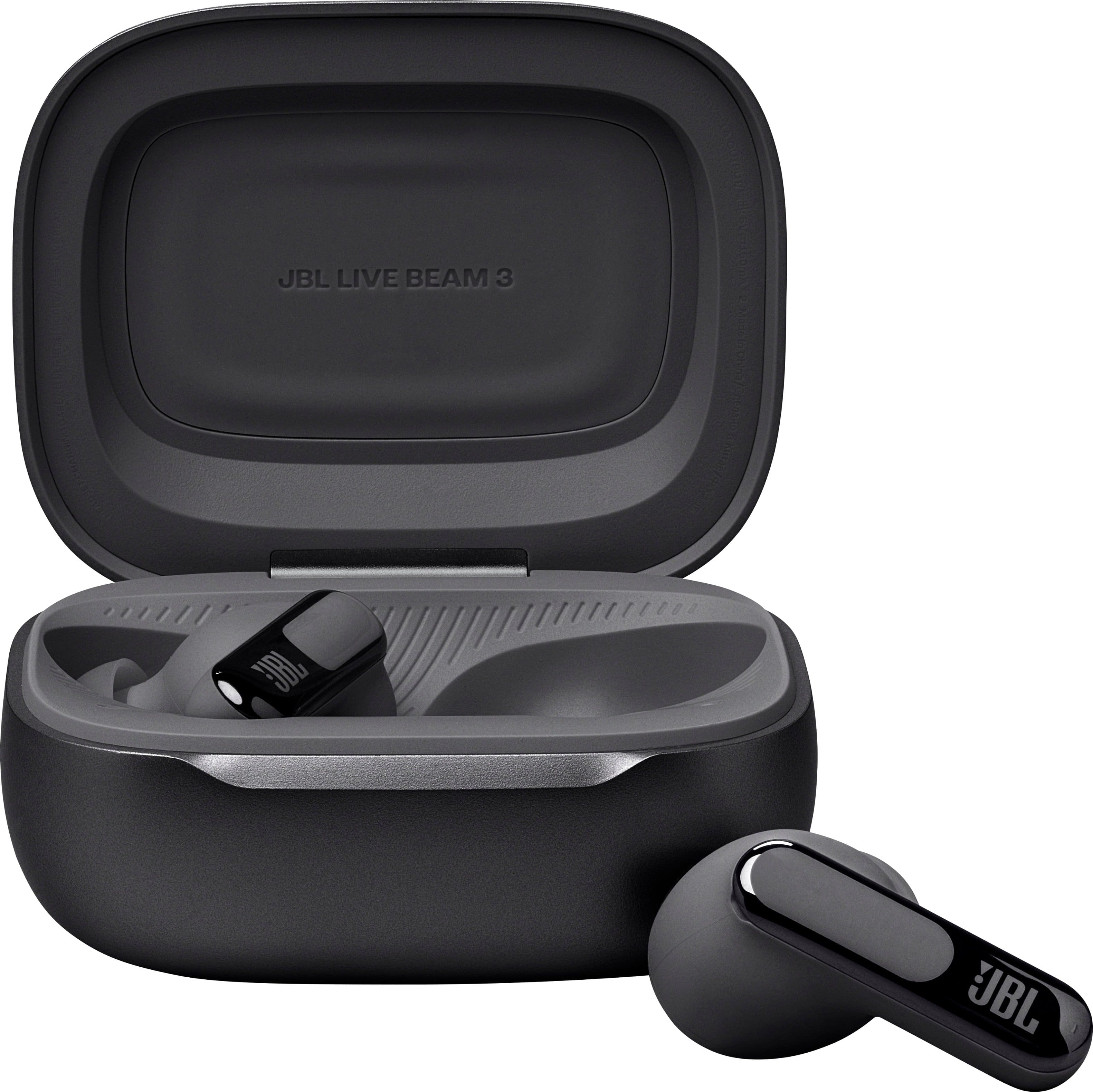 The image features a JBL Live Beam 3 earbud set, which includes a charging case and two earbuds. The earbuds are black and have a sleek design, making them a stylish and functional accessory for listening to music or making phone calls. The charging case is also black and has a compact design, making it easy to carry around and keep the earbuds charged when not in use.