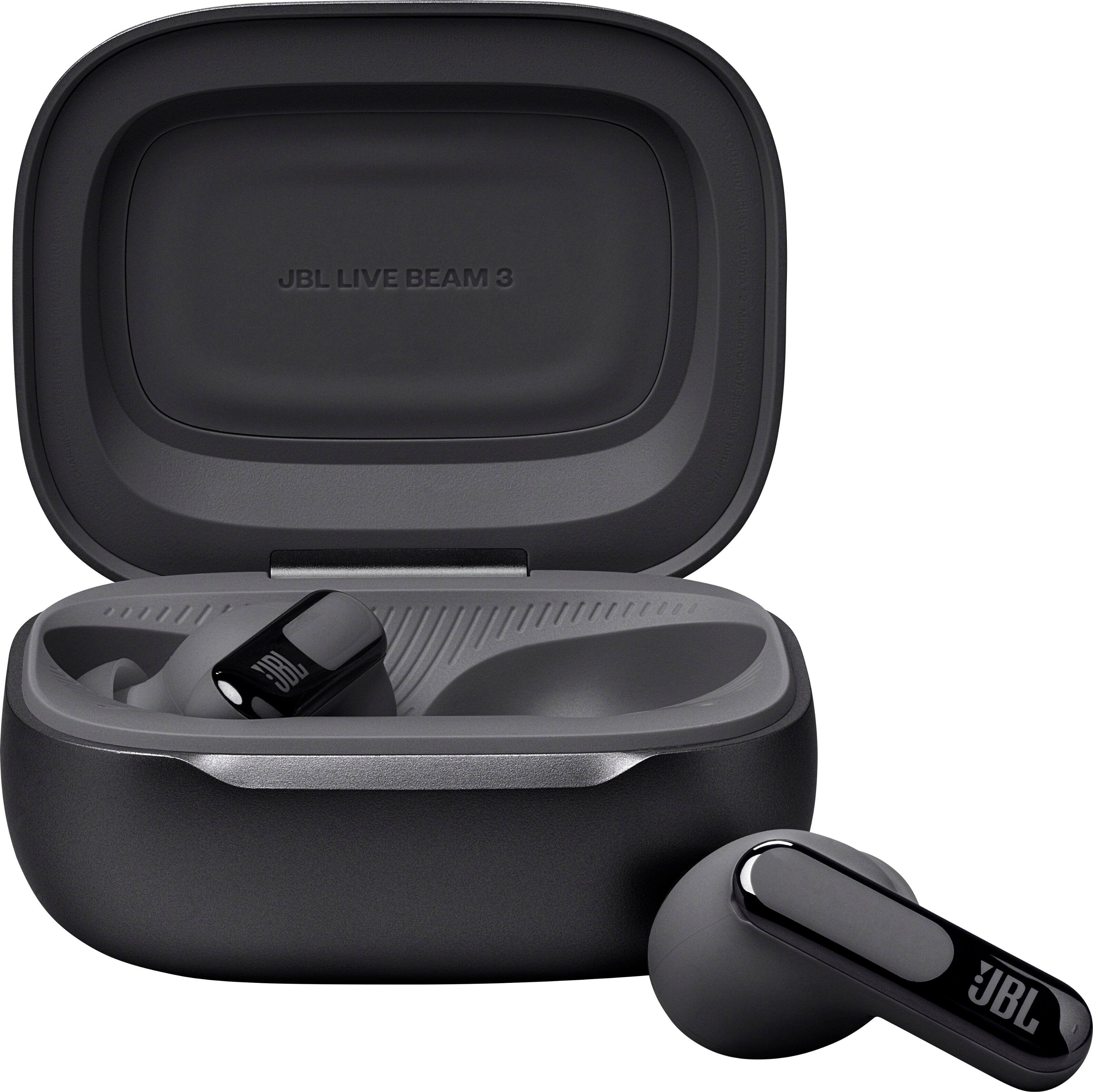The image features a JBL Live Beam 3 earbud set, which includes a charging case and two earbuds. The earbuds are black and have a sleek design, making them a stylish and functional accessory for listening to music or making phone calls. The charging case is also black and has a compact design, making it easy to carry around and keep the earbuds charged when not in use.