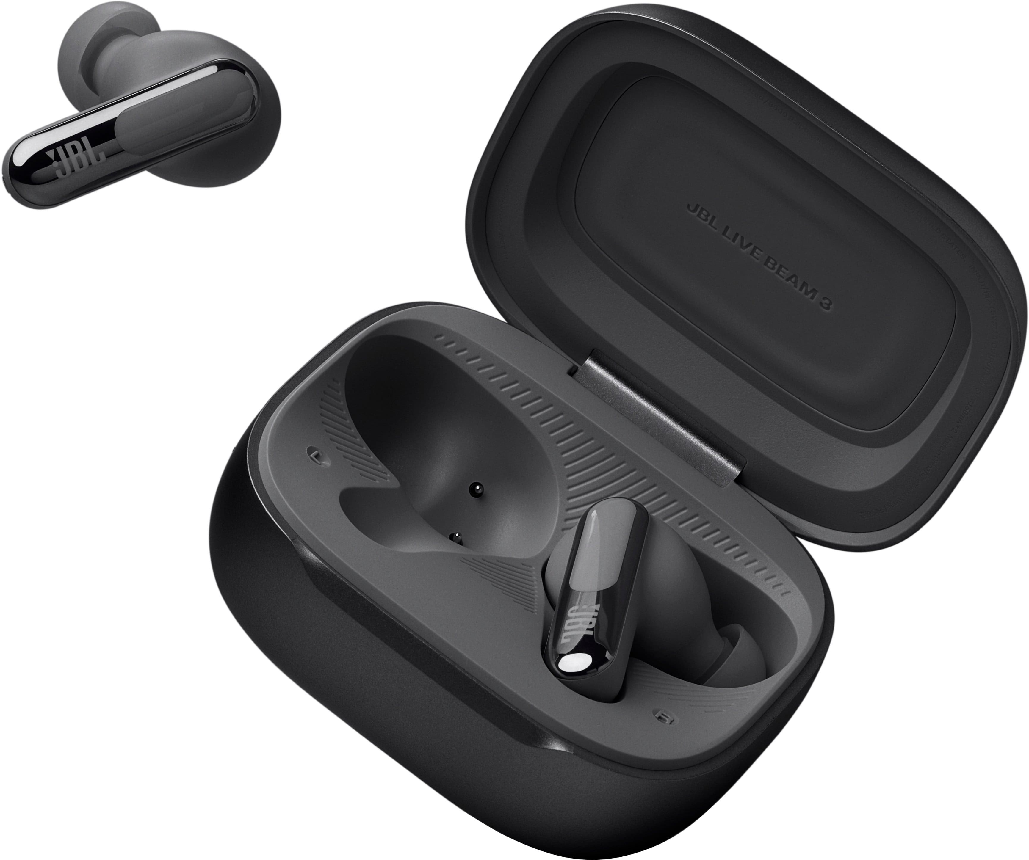 The image features a black JBL Live Beam 3 case with a pair of earbuds inside. The earbuds are placed in the case, which is designed to protect and store them when not in use. The case is open, revealing the earbuds inside.