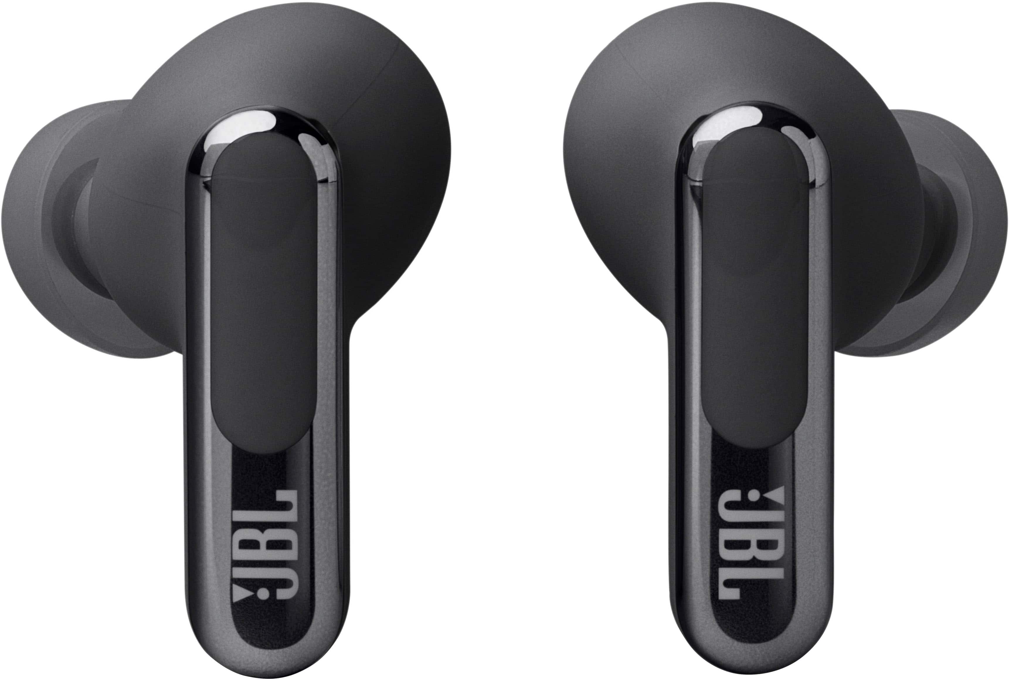 The image features a pair of black JBL earbuds.