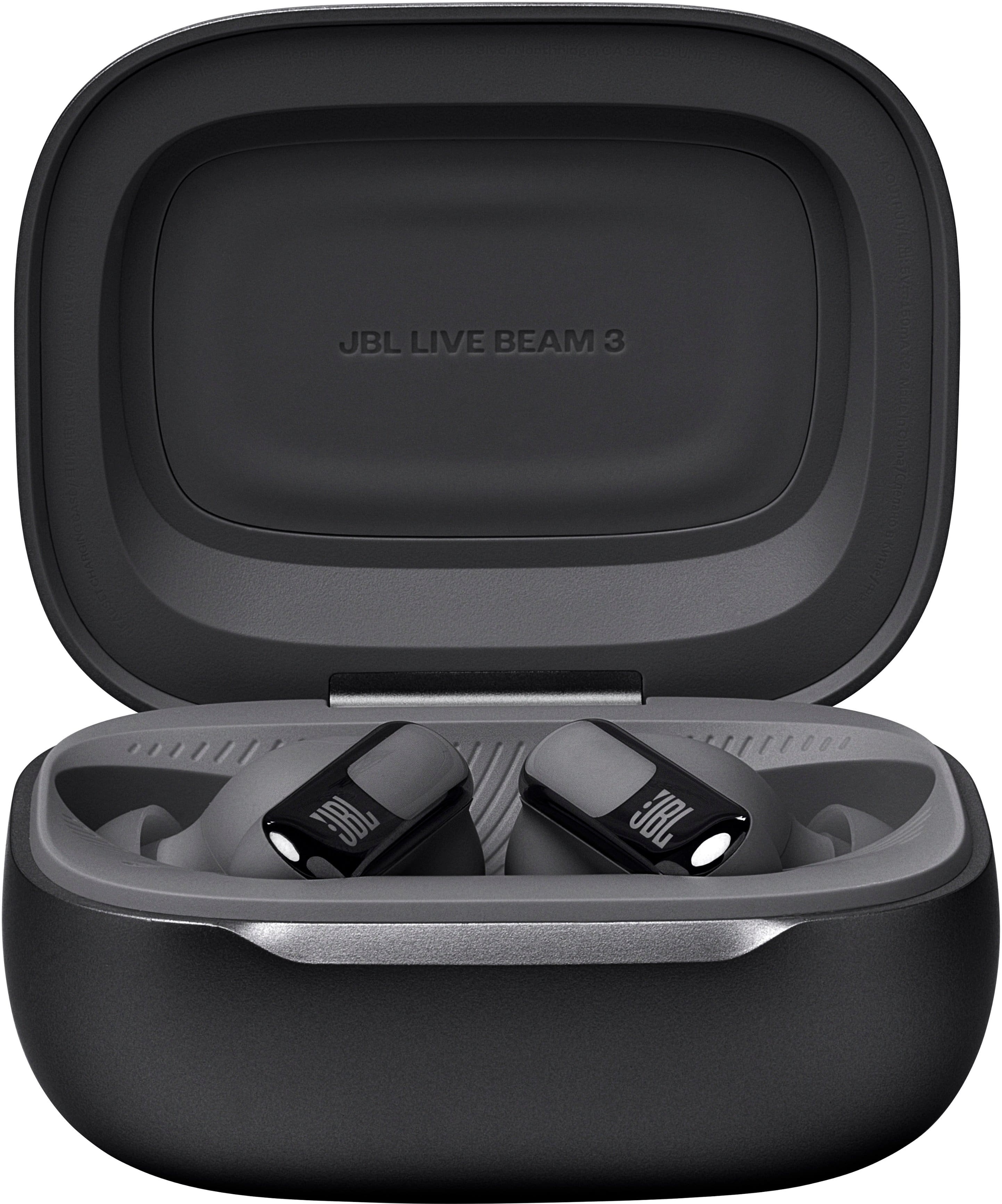 The image showcases a black JBL Live Beam 3 Bluetooth speaker. The speaker is placed inside its box, which is open to reveal the device. The speaker is designed to provide a high-quality audio experience, making it an ideal choice for those who enjoy listening to music or podcasts on the go.