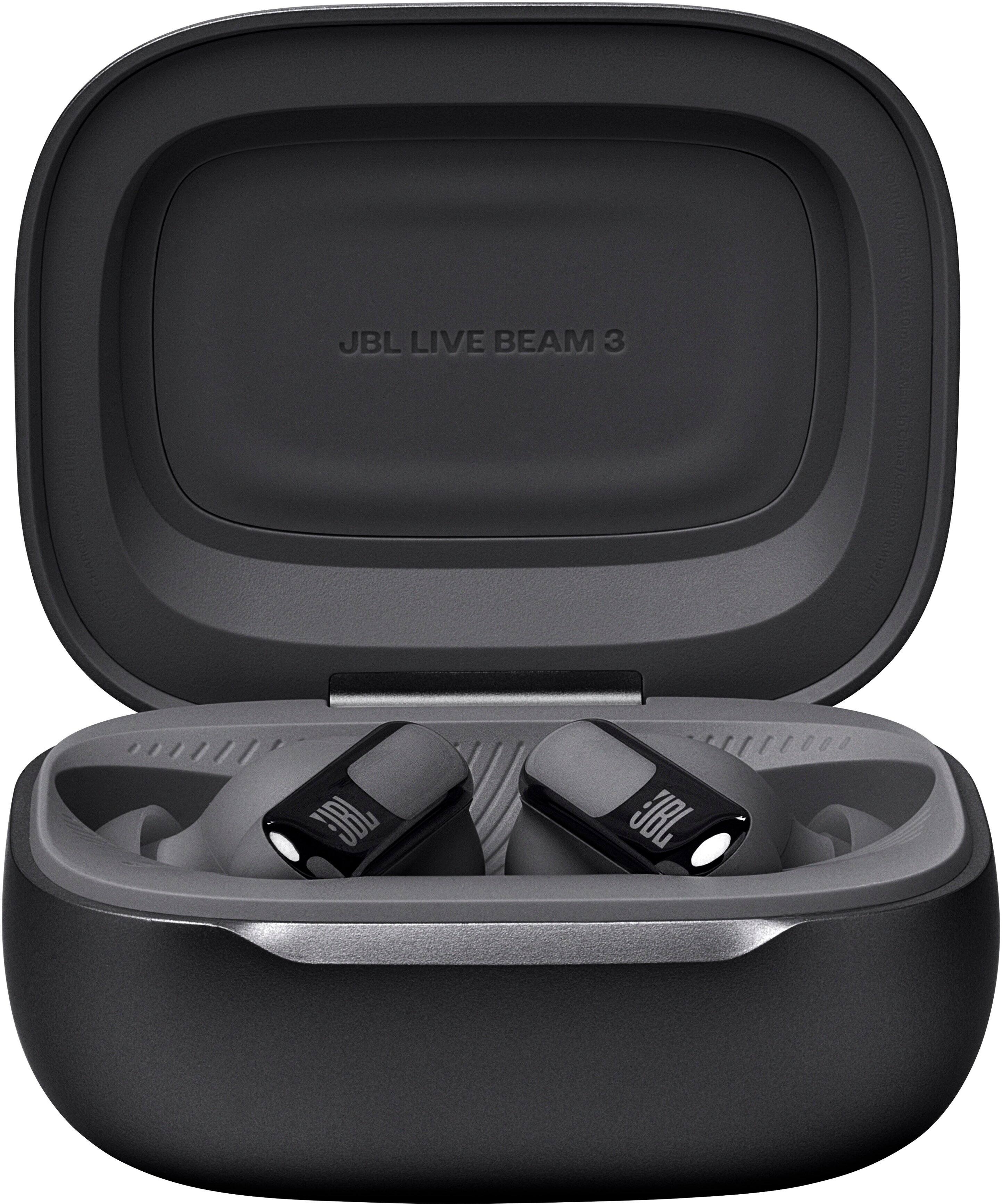 The image showcases a black JBL Live Beam 3 Bluetooth speaker. The speaker is placed inside its box, which is open to reveal the device. The speaker is designed to provide a high-quality audio experience, making it an ideal choice for those who enjoy listening to music or podcasts on the go.