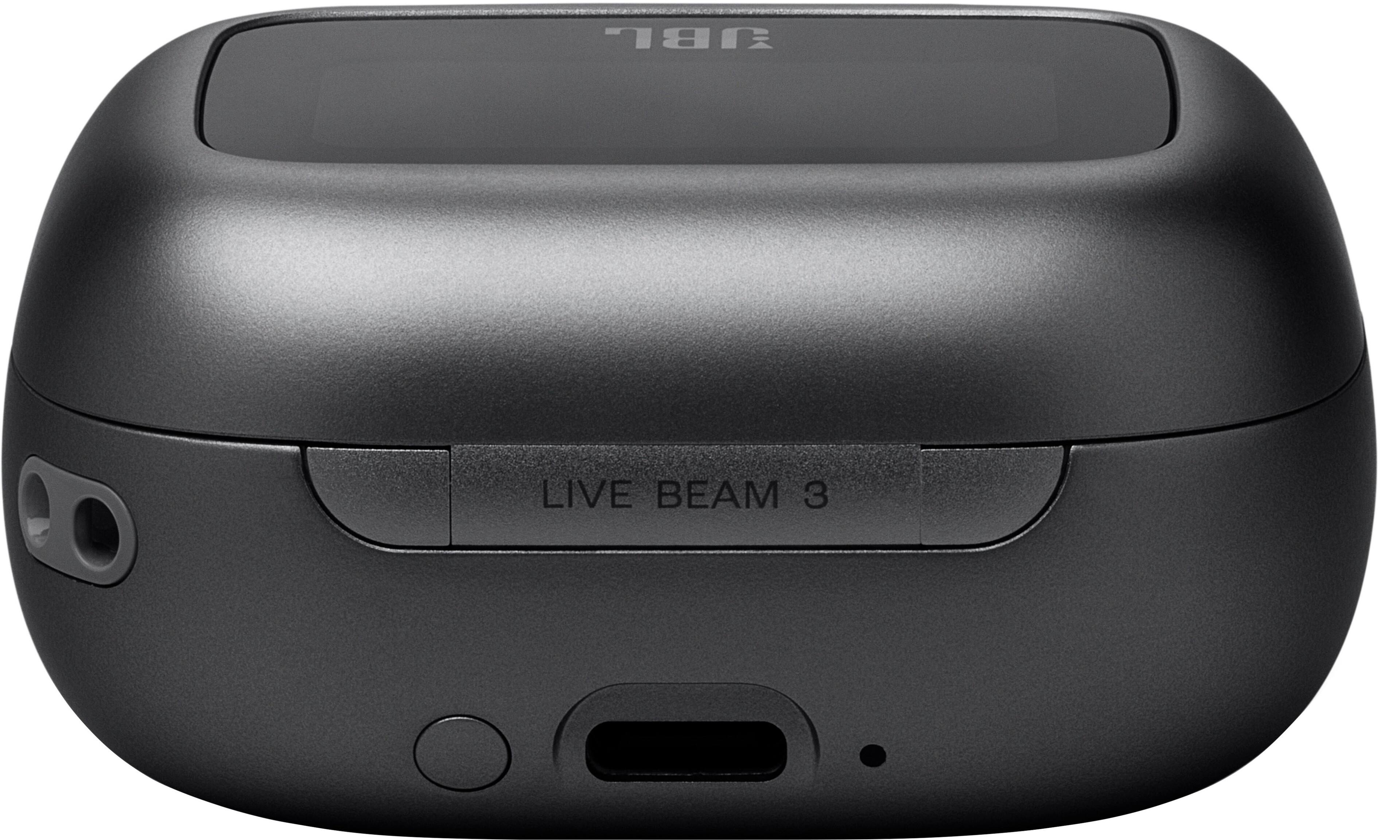 The image features a black JBL Live Beam 3 speaker. It is a small, rectangular device with a USB port on the back. The speaker is designed for portable use and can be connected to a computer or other devices through the USB port. The Live Beam 3 is a compact and convenient solution for enhancing audio quality in various settings.