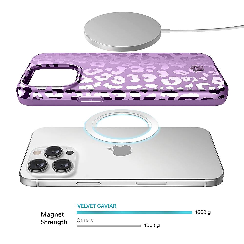 The image shows a purple case with a magnet on top of a silver case. The purple case is described as having a leopard print design. The magnet is placed on top of the silver case, which is also described as having a leopard print design. The image also includes a description of the magnet's strength, stating that it is a Velvet Caviar magnet with a strength of 1000 g.