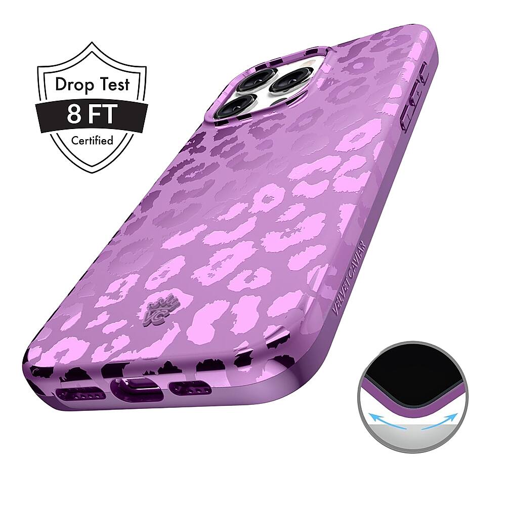 The image features a purple cell phone case with a leopard print design. The case is certified for a drop test of 8 feet, ensuring its durability and protection for the phone. The case is made by E Velvet Caviart, and it is designed to fit the iPhone 6.