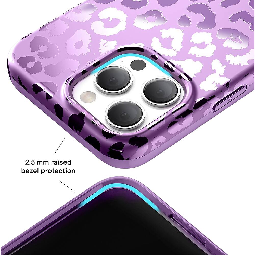 The image features a purple cell phone case with a 2.5 mm raised bezel protection. The case is designed to protect the cell phone from scratches and minor impacts. The case is made of leopard print material, adding a unique and stylish touch to the phone. The raised bezel provides extra protection for the phone's screen and edges, ensuring that the device remains safe and secure in the case.