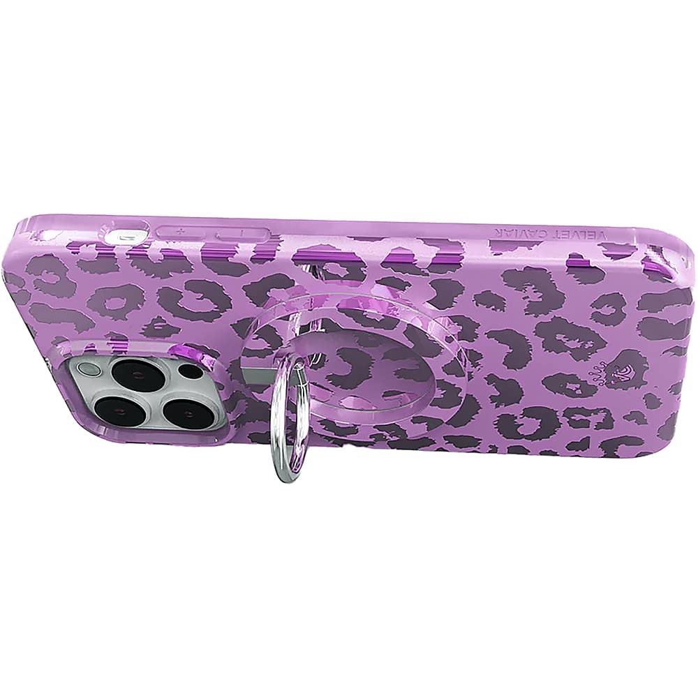 The image features a purple cell phone with a leopard print case. The case is made of a material called CaviArmor, which is a type of synthetic leather. The case is designed to protect the phone and add a touch of style to the device. The leopard print pattern gives the case a unique and eye-catching appearance.
