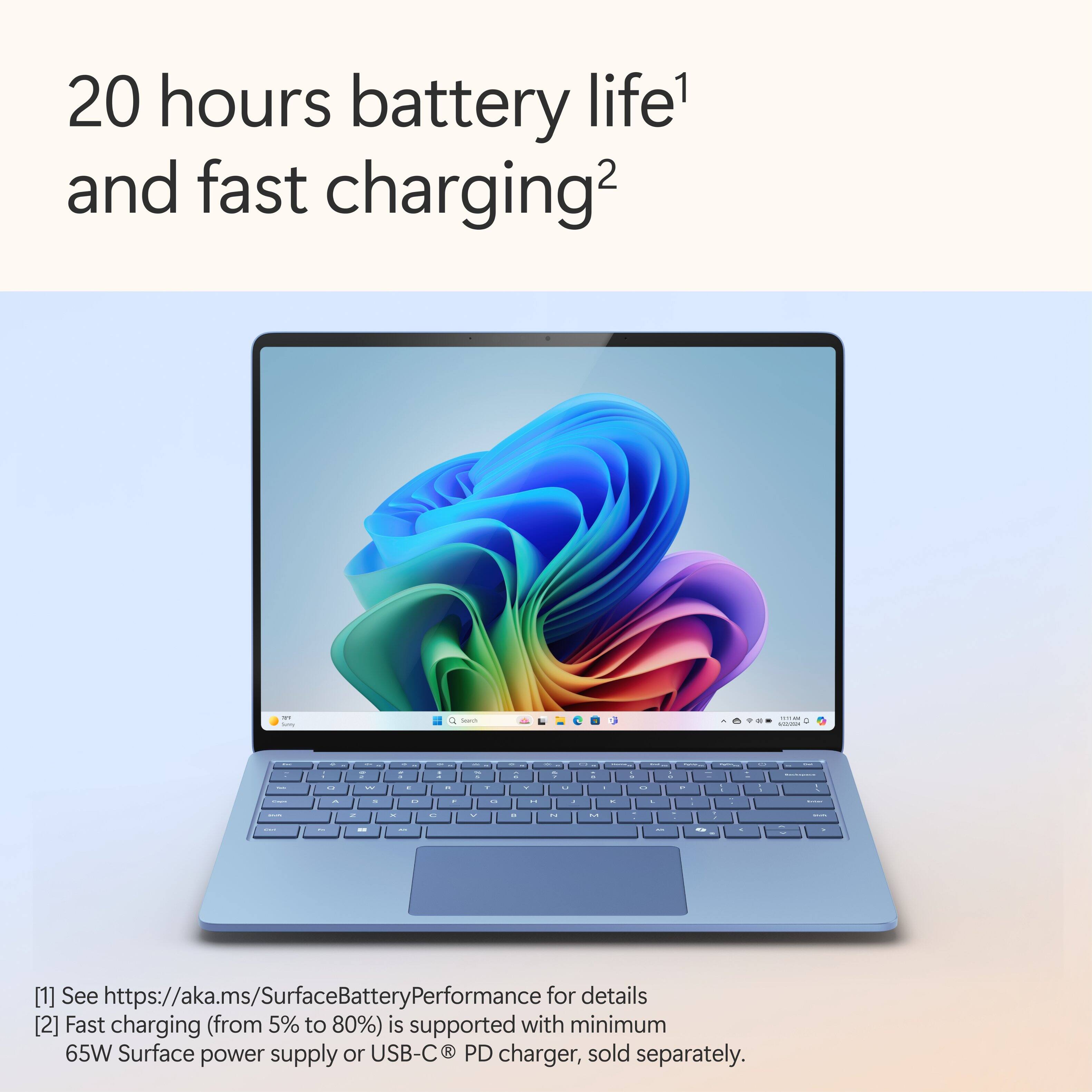 20 hours battery life and fast charging - See <https://aka.ms/SurfaceBatteryPerformance> for details. Fast charging (from 5% to 80%) is supported with a minimum 65W Surface power supply or USB-C PD charger, sold separately.