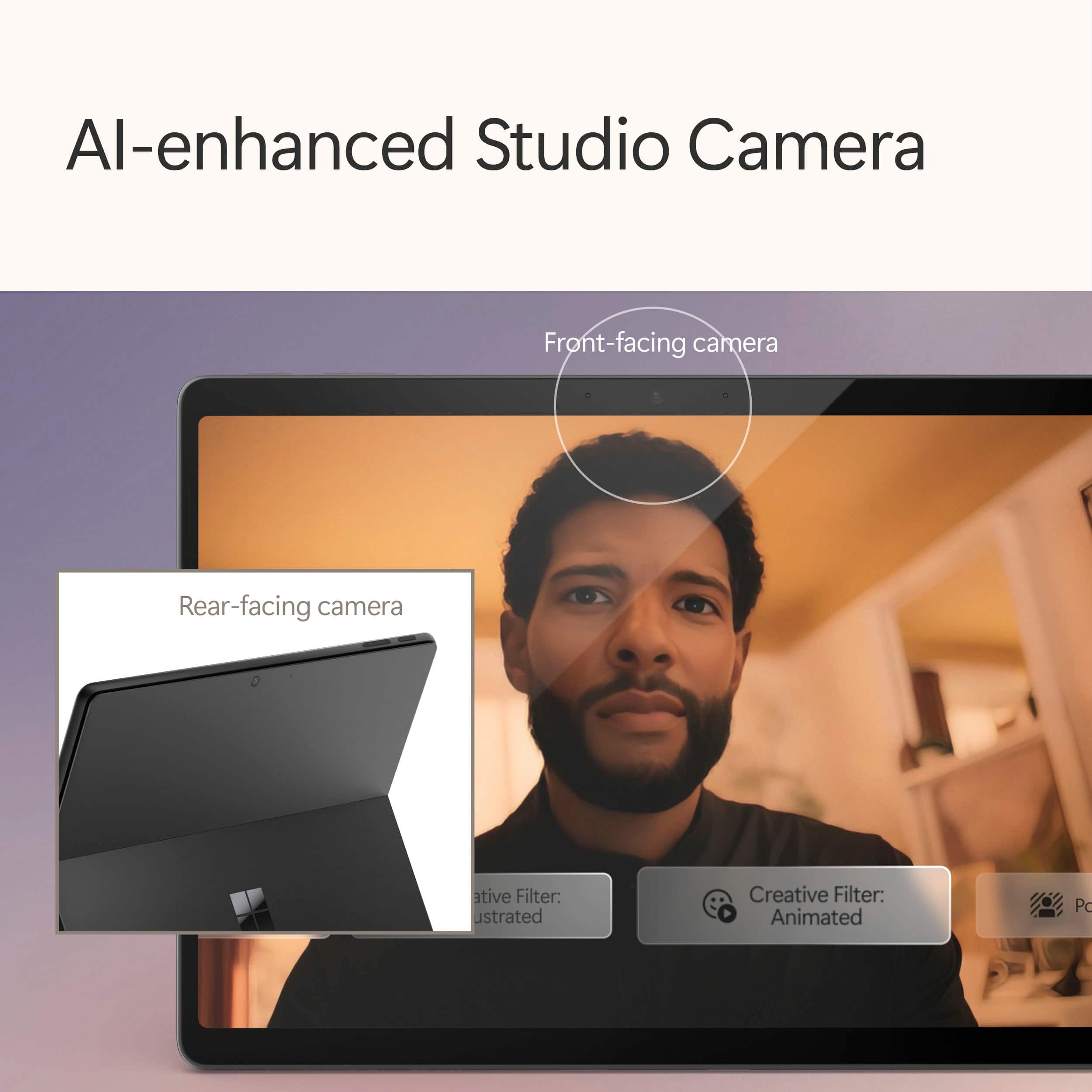 Al-enhanced Studio Camera Front-facing camera Rear-facing camera Active Filter: Creative Filter: Animated Pc