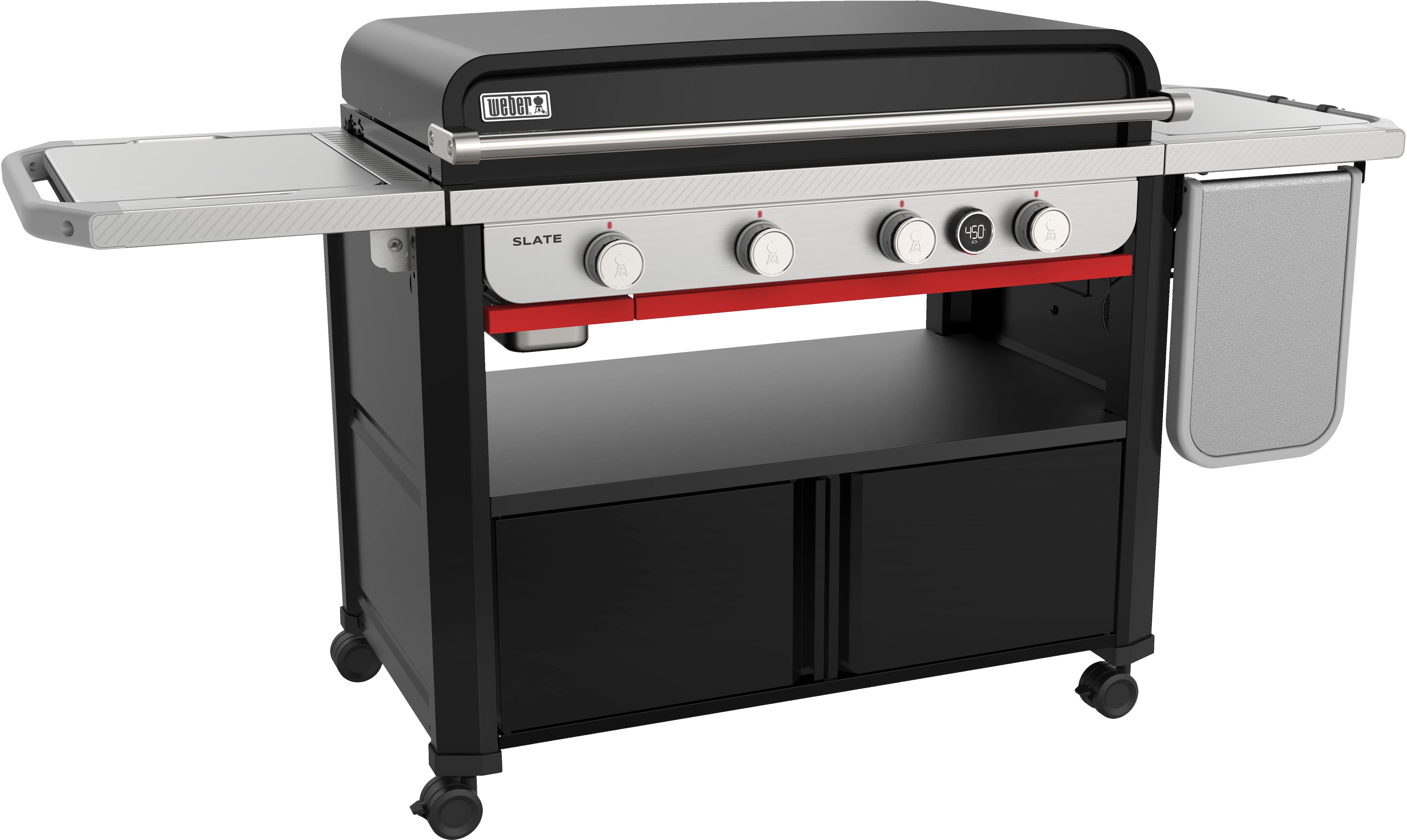 The image shows a black and silver grill with a red handle. The grill has a total of 12 knobs, which are likely used for controlling the heat and cooking options. The grill is placed on a silver countertop, which provides a sleek and modern look to the overall setup.