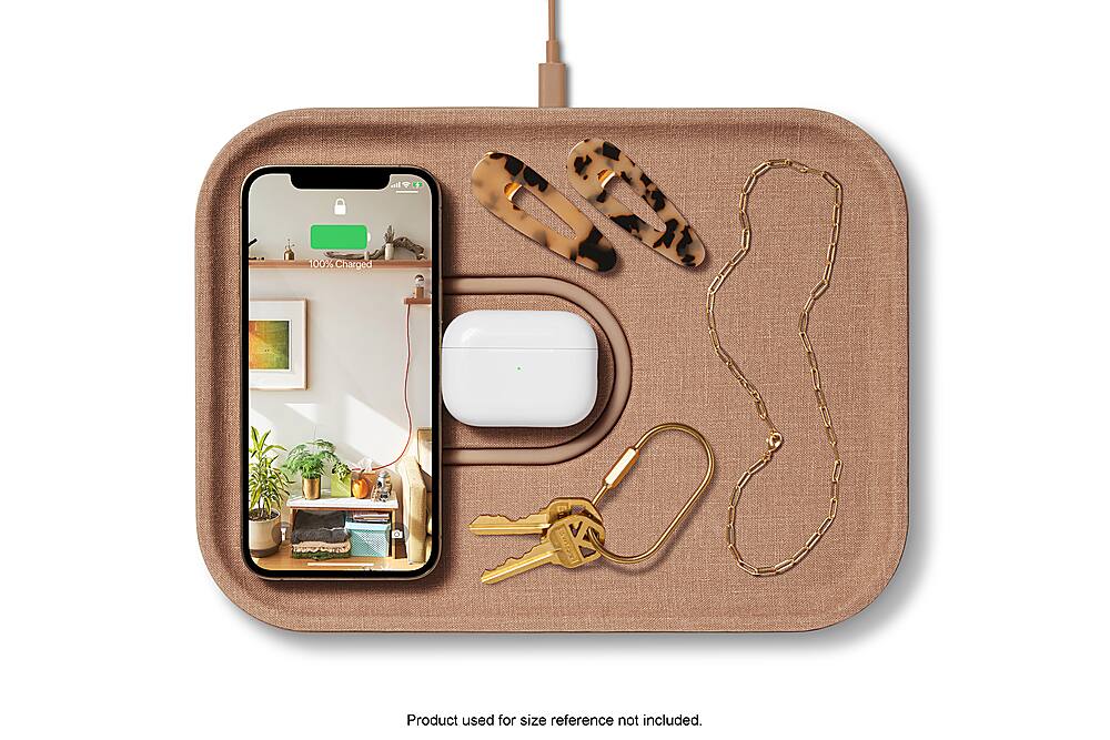 The image shows a phone that is 100% charged. The product used for size reference is not included in the image.