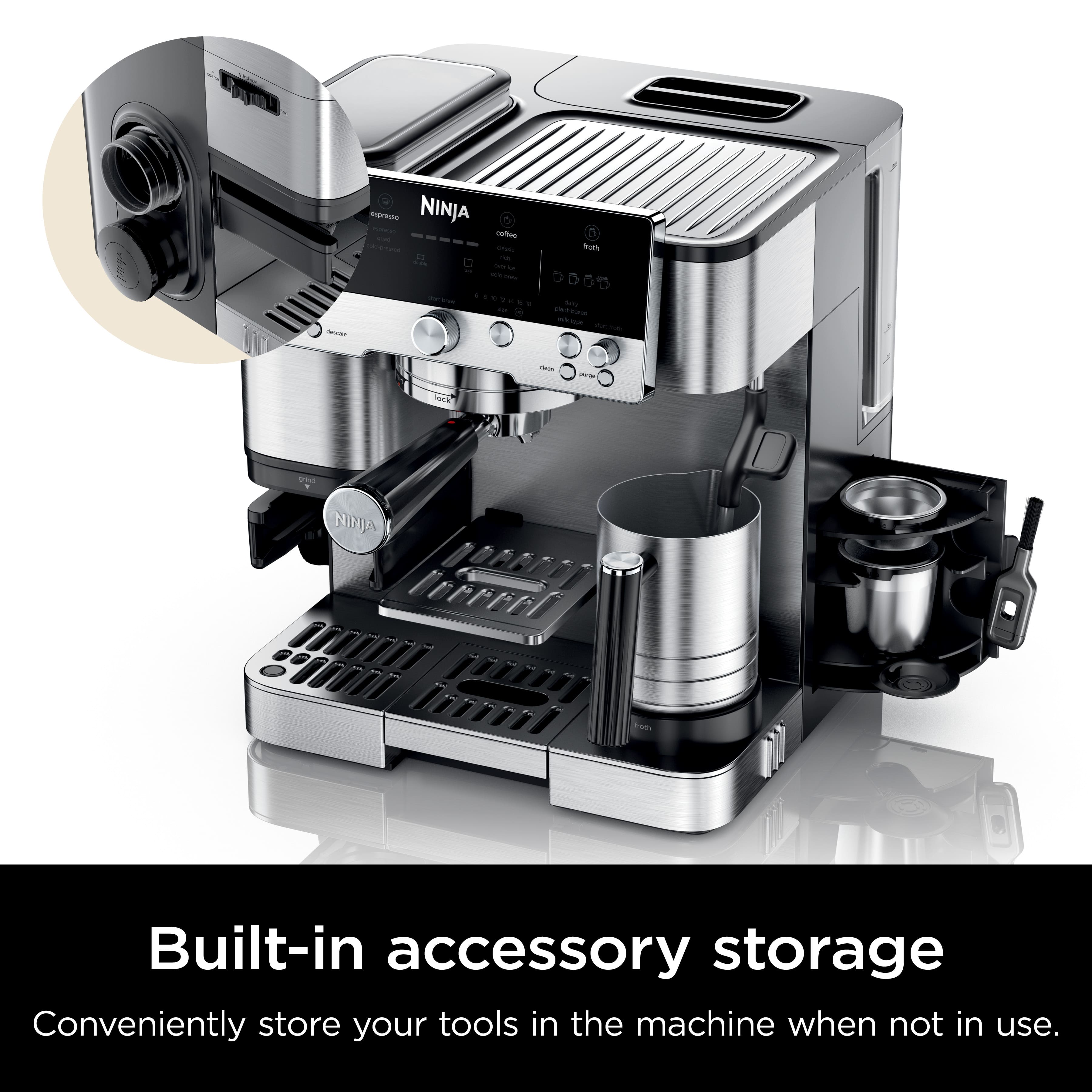 Built-in accessory storage: Conveniently store your tools in the machine when not in use.