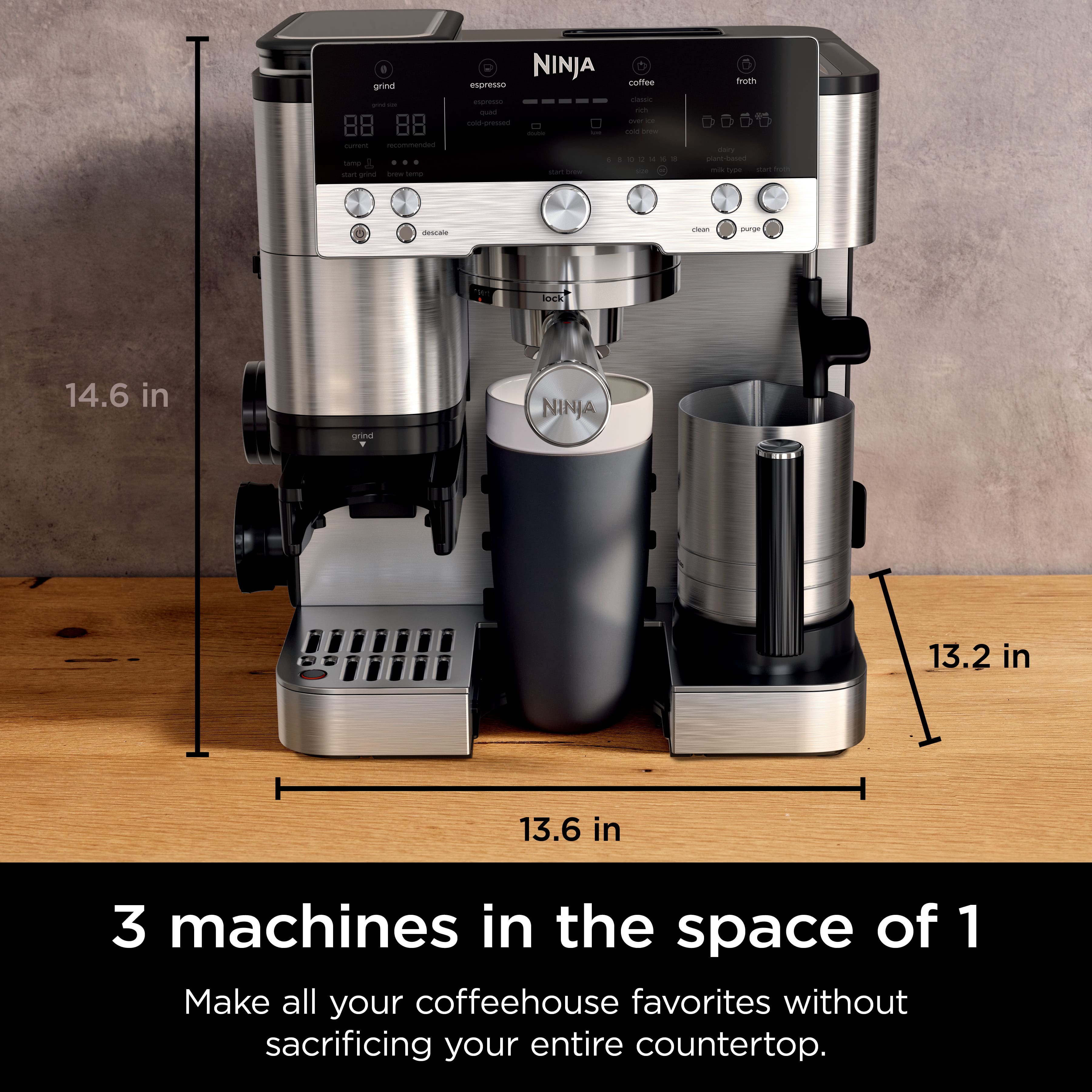 3 machines in the space of 1. Make all your coffeehouse favorites without sacrificing your entire countertop.