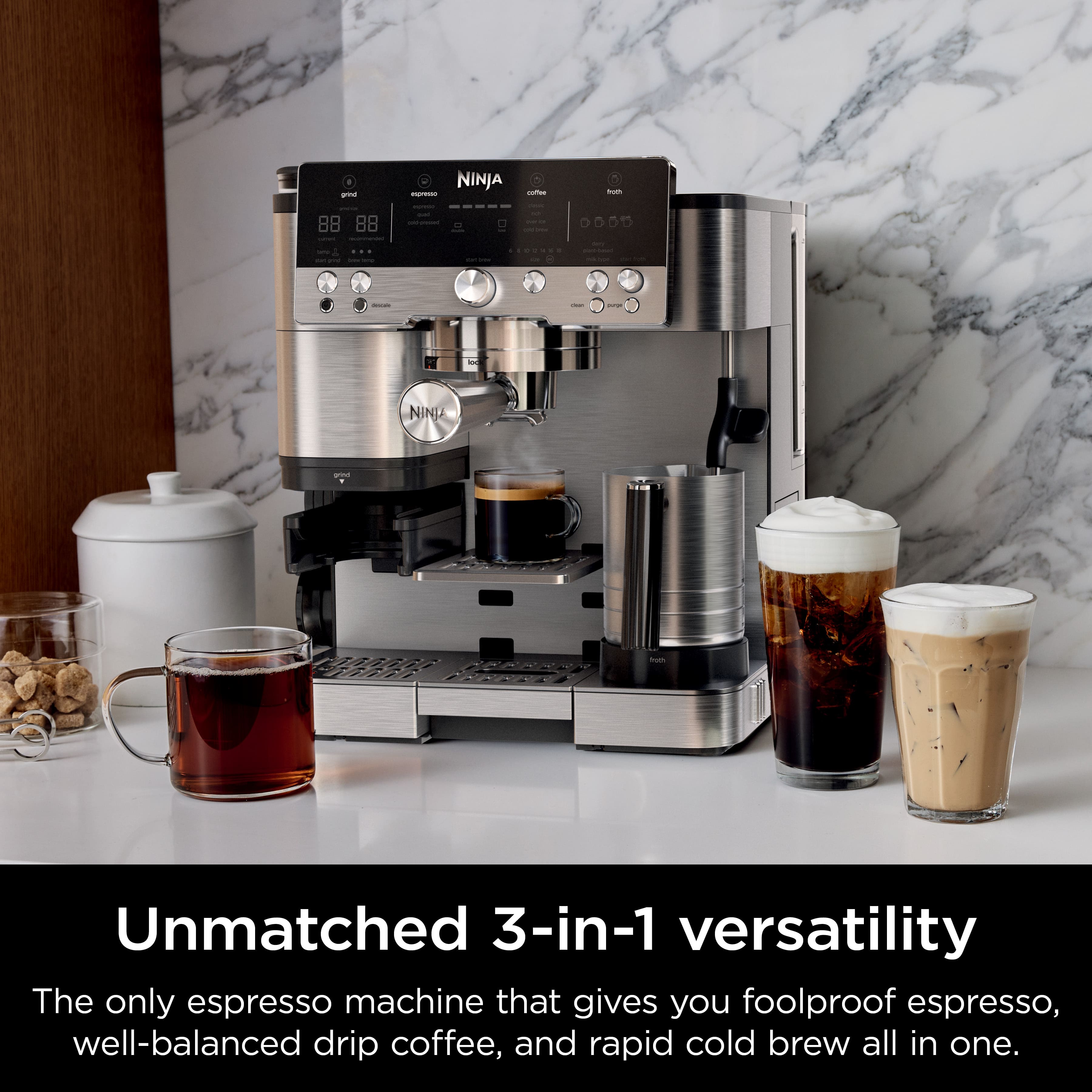 Unmatched 3-in-1 versatility. The only espresso machine that gives you foolproof espresso, well-balanced drip coffee, and rapid cold brew all in one.