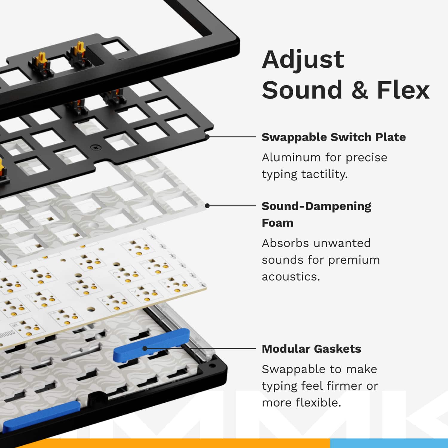 Adjust Sound & Flex Swappable Switch Plate Aluminum for precise typing tactility. Sound-Dampening Foam Absorbs unwanted sounds for premium acoustics. Modular Gaskets Swappable to make typing feel firmer or more flexible.