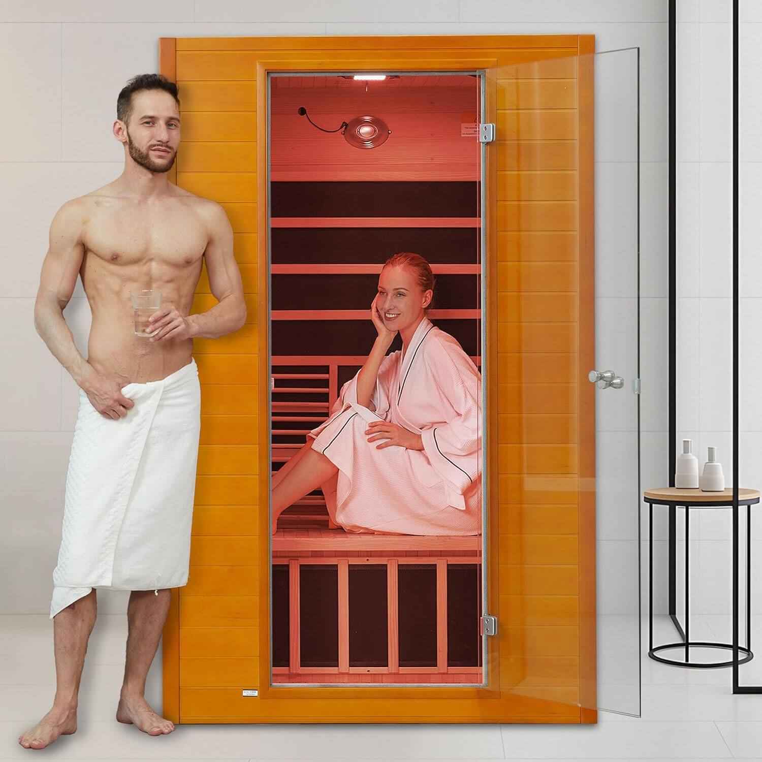 Alt View 7. Essen Blissed - 2 Person Low EMF FAR Infrared Hemlock Wood Saunas for Home,9 Chromo Therapy Lights, Bluetooth Speakers for Home Gym Spa - Natural.