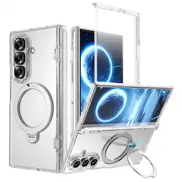 Dteck - Premium Matte Shockproof Case for Samsung Galaxy Z Fold7 with Integrated Hinge Coverage,Rugged Ring Kickstand Cover - Clear