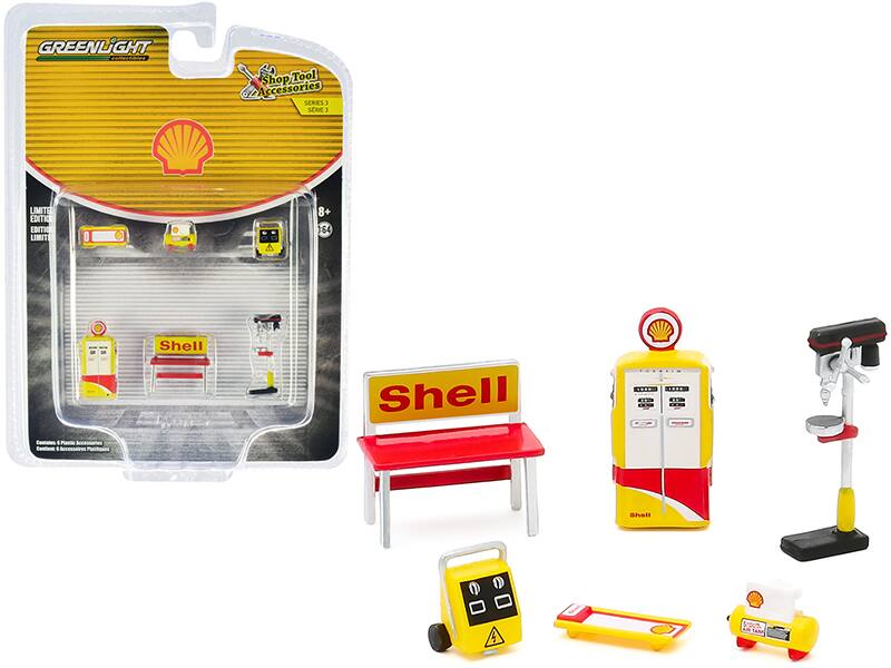 "Shell Oil" 6 piece Shop Tools Set "Shop Tool Accessories" Series 3 1/64 by Greenlight - Multicolor