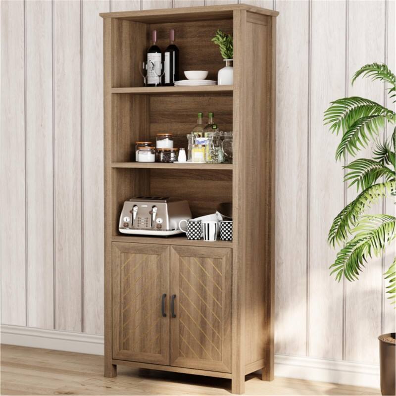 Alt View 1. GARVEE - 5-Tier 70" Tall Farmhouse Bookshelf with Doors,Adjustable Shelf and Stable Legs–Walnut Storage Cabinet for Living Room - Walnut.