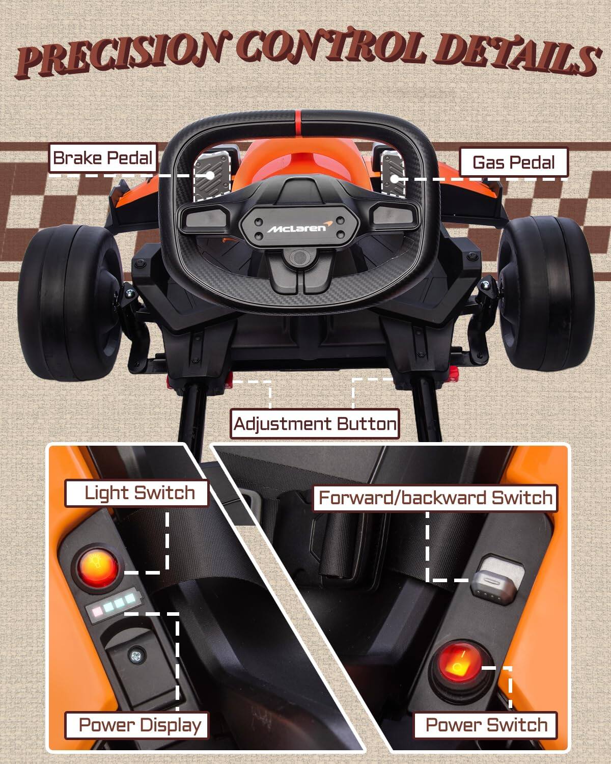 PRECISION CONTROL DETAILS  
- Brake Pedal  
- Gas Pedal  
- Adjustment Button  
- Light Switch  
- Forward/backward Switch  
- Power Display  
- Power Switch