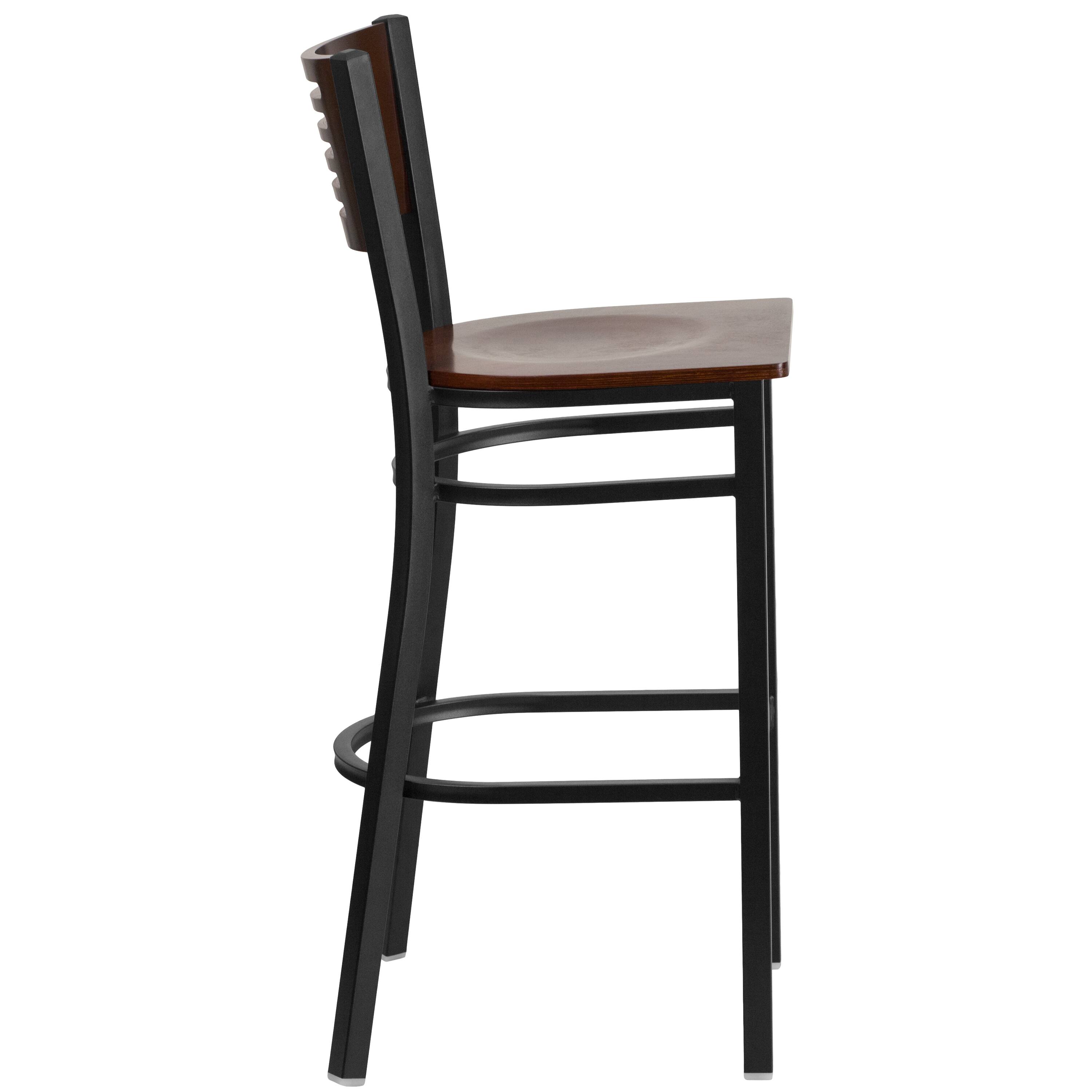 Alt View 4. Emma + Oliver - Decorative Slat Back Metal Restaurant Dining Barstool - Walnut Wood Back/Walnut Wood Seat/Black Metal.