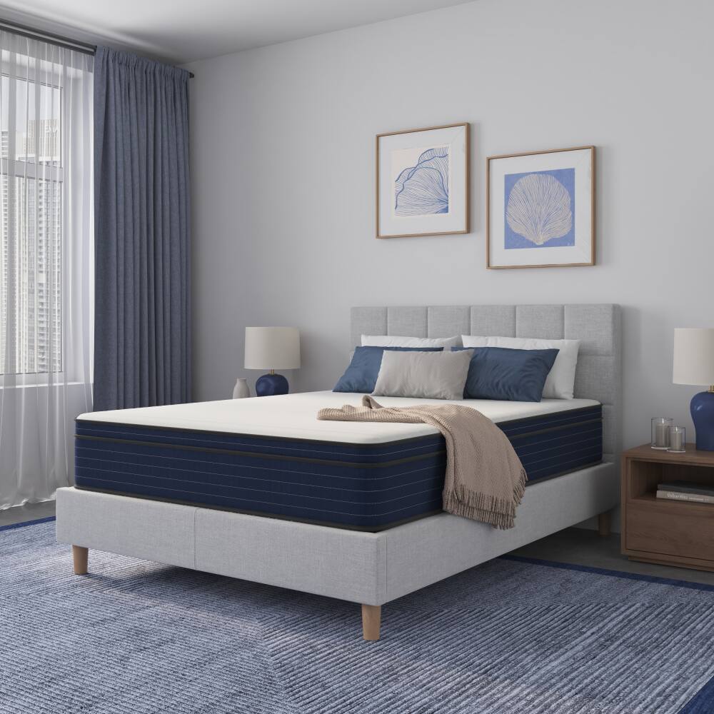 Angle. PDTEND - 10-Inch Medium Firm Queen Hybrid Mattress - Cooling Gel Memory Foam & Pocket Spring - White+Blue.